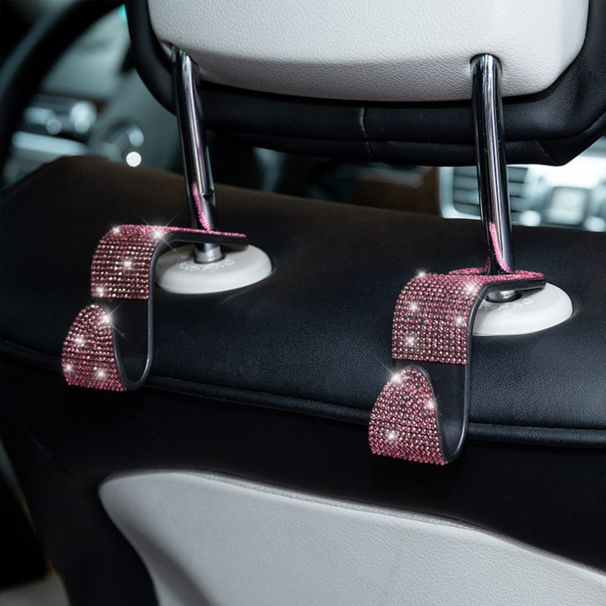 4 Pack Bling Car Seat Headrest Hooks - Sparkling Crystal Hangers For Car Storage (White)