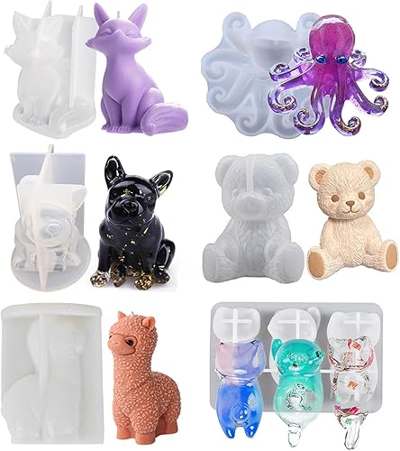 6 moldes de resina de animales, alpaca, bulldog, zorro, gato, oso y pulpo, 3D realistas para resina epoxi, molde de exhibición único para