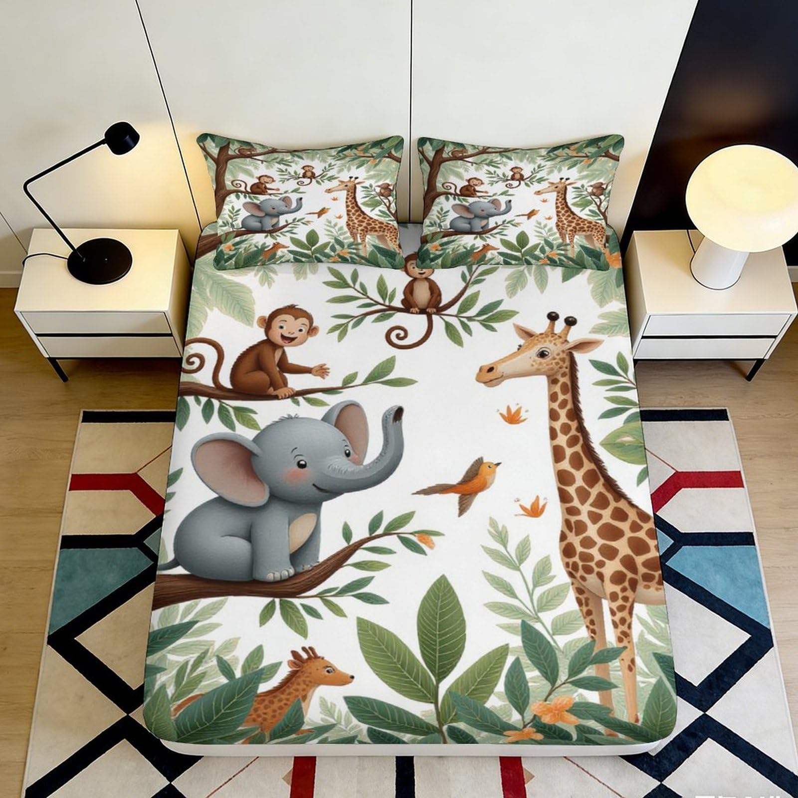3D Printed Jungle Animal Fitted Sheet Microfiber Soft Cartoon Safari Mattress Cover for Bedroom Dorm Mattress Protection Decor 90x200x25cm