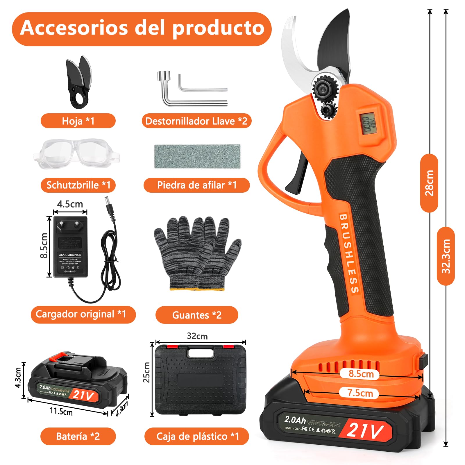 Tijeras de Podar Eléctricas, Profesional Tijeras de Podar con Motor Brushless, LCD Pantalla, 2000 mAh Bateria, SK5 Suchillas, Tijeras de Jardín Eléctricas para Jardinería, Árboles Frutales, Viñedos