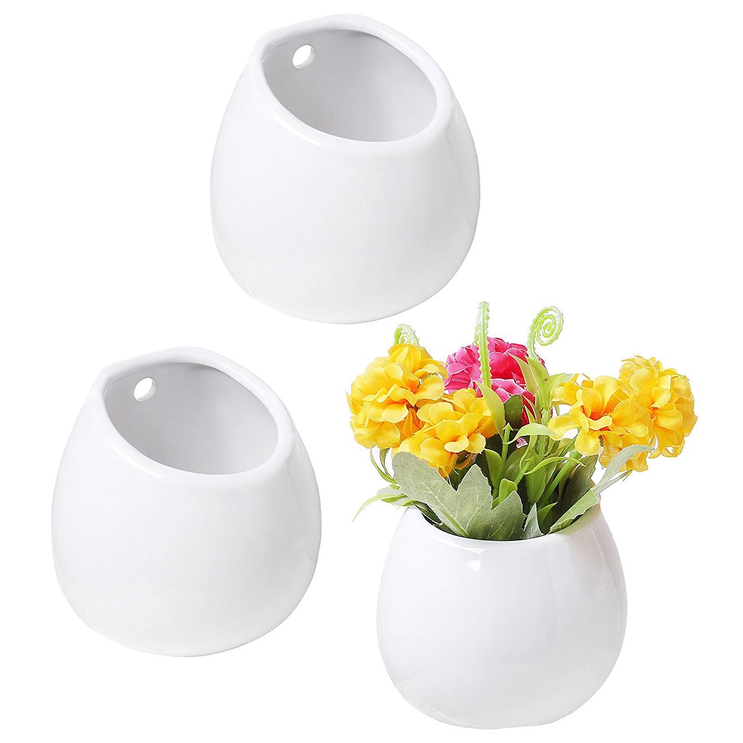 SODIAL Set of 3 Mini White Ceramic Wall Mountable Plant Vase, 4 Inch Hanging Succulent Pots