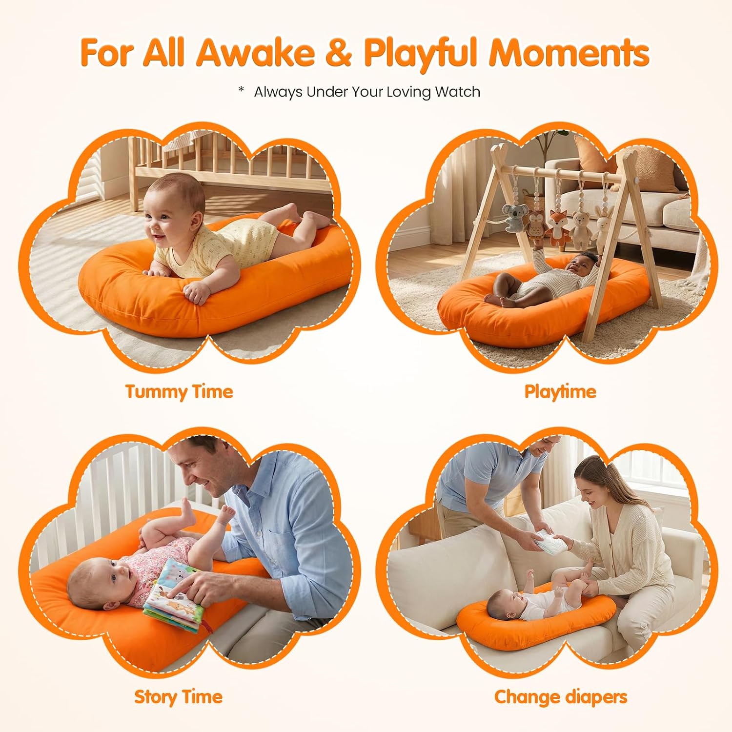 Infant Support Cushion, Baby Lounger 0-24 Months – Portable Tummy Time Mat & Rest Pod, Soft Cotton, Waterproof, Machine Washable, Safe for Supervised Play, Back Support (Orange)