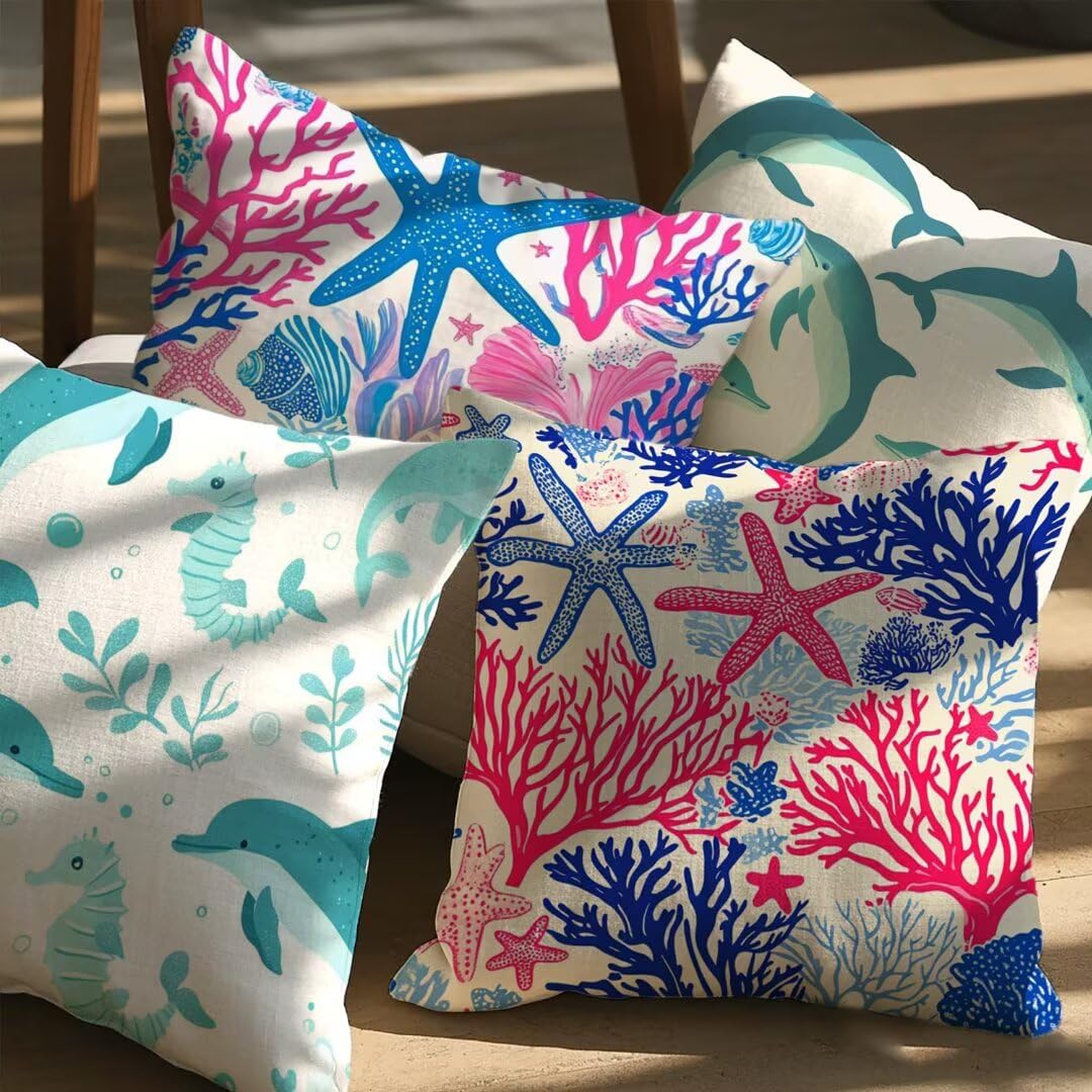 Fundas Cojines 40x40 cm Exterior Cojines Coral Fundas de Almohada Juego de 4, Cuadrados Funda Cojin Delfín Almohadas con Cremallera, Sofa Cama Decorativos para Hogar, Jardín, Salón y Dormitorio Ym463