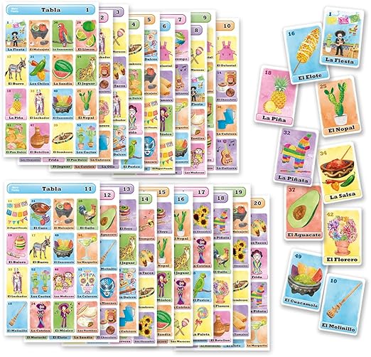 Loteria Fiesta Mexican Bingo Game Set in Spanish for 20 Players - 20 Playing Boards and Full Deck of Calling Cards