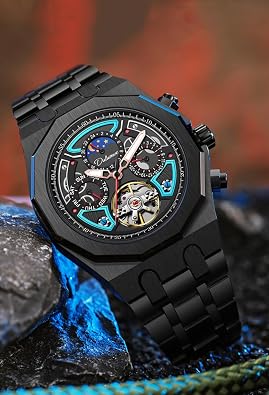 Men Sport Tourbillon Automatic Mechanical Watches Multifunction Dial Moon Phase Week Date Display Watch Stainless Steel Case Rubber Strap Luminous Watches
