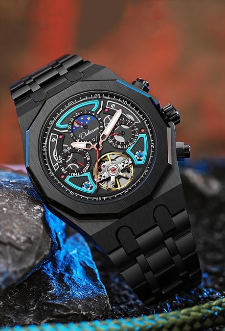 Men Sport Tourbillon Automatic Mechanical Watches Multifunction Dial Moon Phase Week Date Display Watch Stainless Steel Case Rubber Strap Luminous Watches