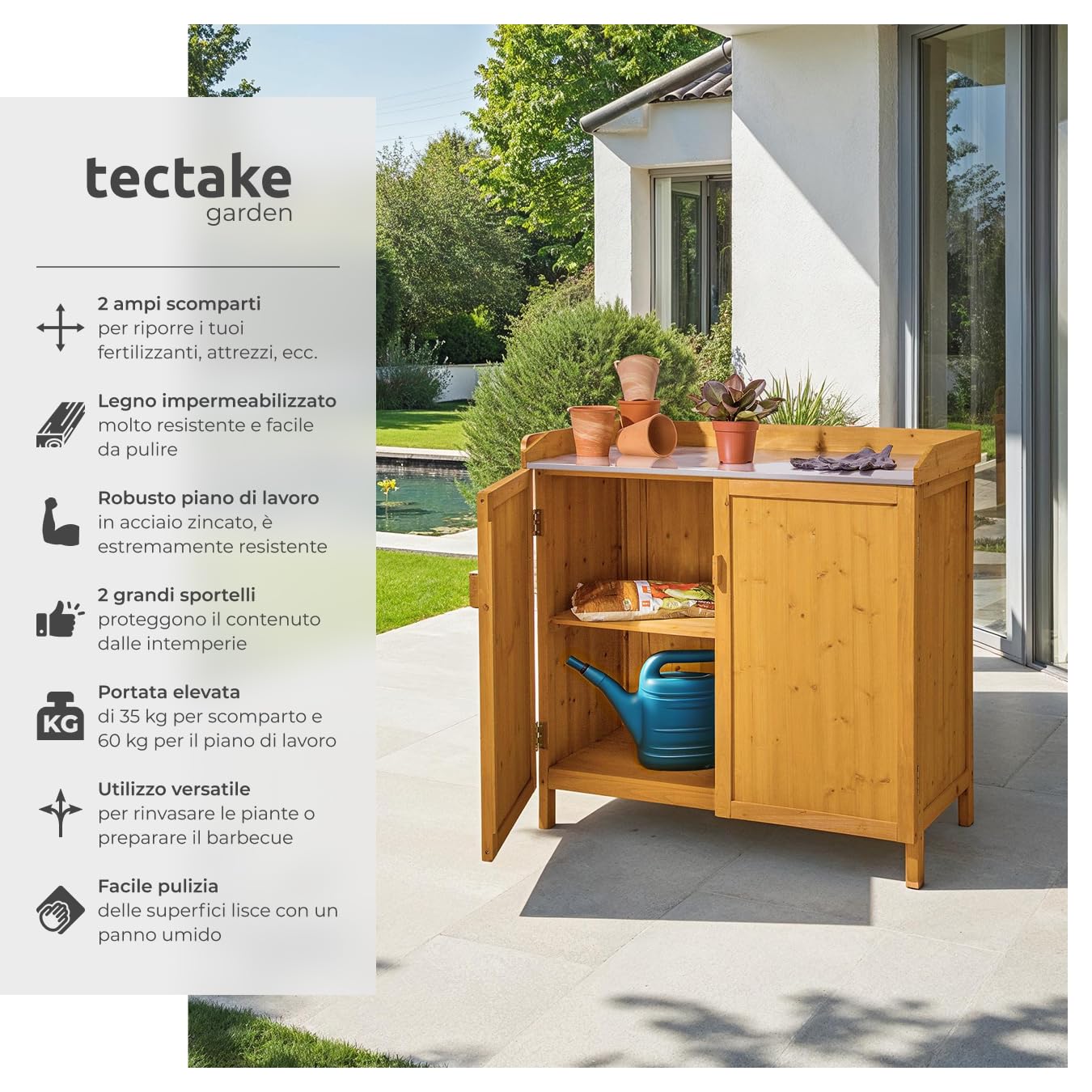 Tectake Armadietto da Giardino con Piano Lavoro Zincato 98x48x95 cm Spazio Utensili Accessori Barbecue Tavolino Giardinaggio Mobile Giardino