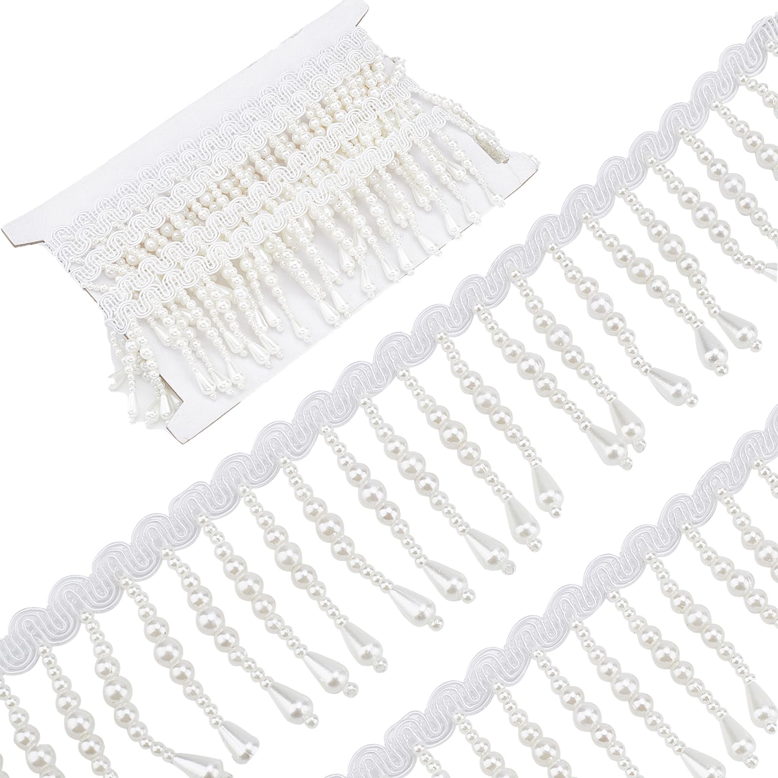 GORGECRAFT 2 Yards Pearl Lace Trimmings Ribbons Vintage Style Beaded Edging Fabric Pendant Tassels Garment Fringe Embroidered Applique Sewing Craft Wedding Bridal Dress Party Clothes Decoration