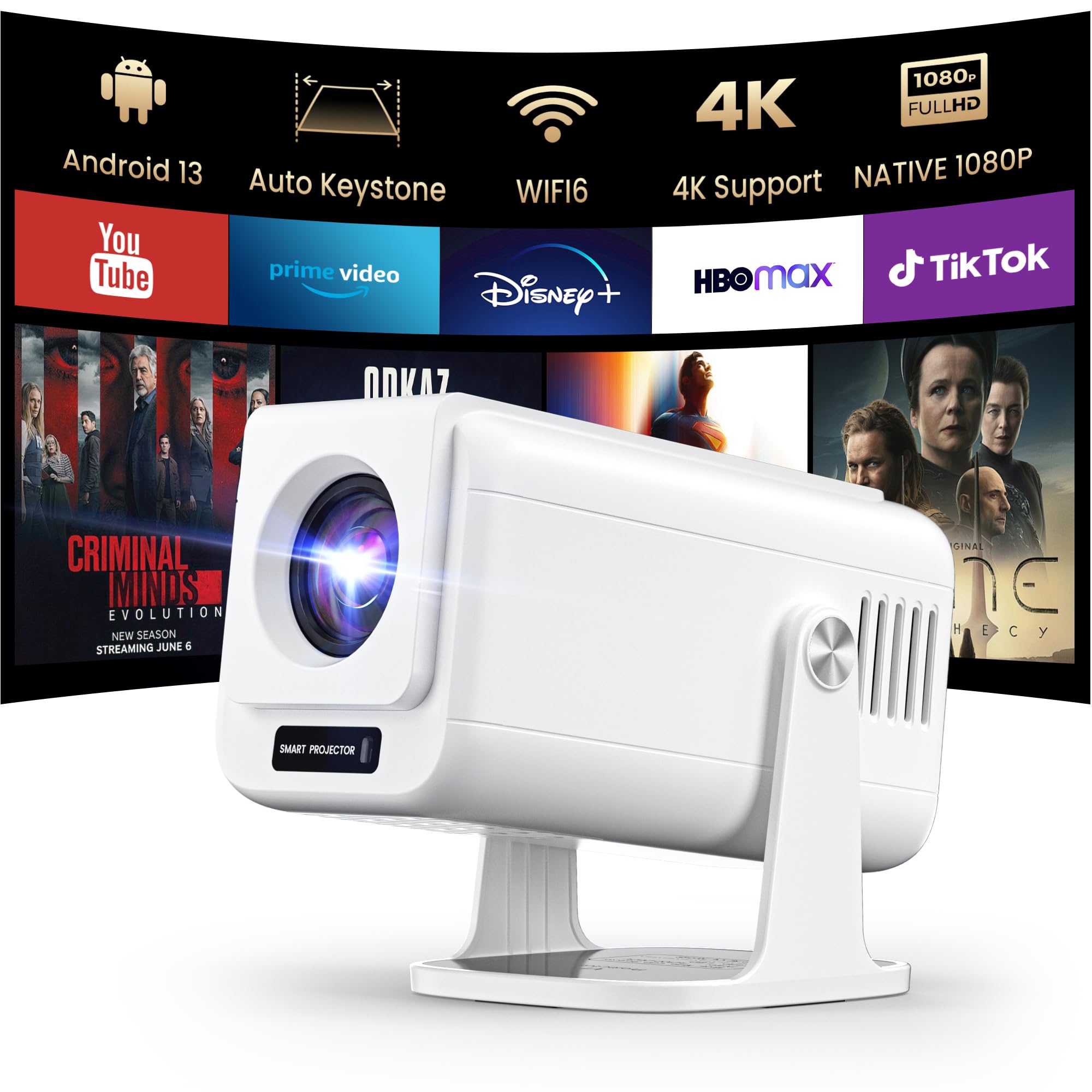 Photo 1 of [Built-in Apps ] Mini 4K Projector with Wifi and Bluetooth, Native 1080P Smart Portable Movie Projector with 270°Rotatable Stand, Android 13 OS, Auto Keystone, Support Big Screen for Home Bedroom