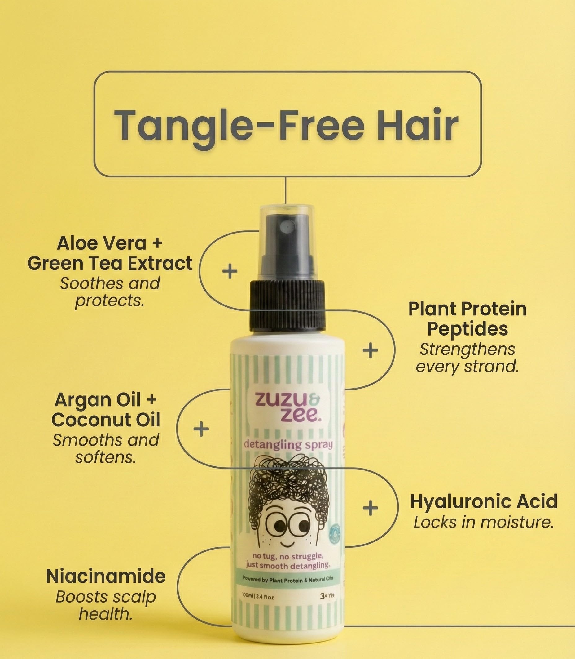 zuzu & zee detangling spray for kids | no tears hair detangler with argan oil, green tea extract & plant protein | for girls & boys | sulfate-free, silicone-free | 100ml 1