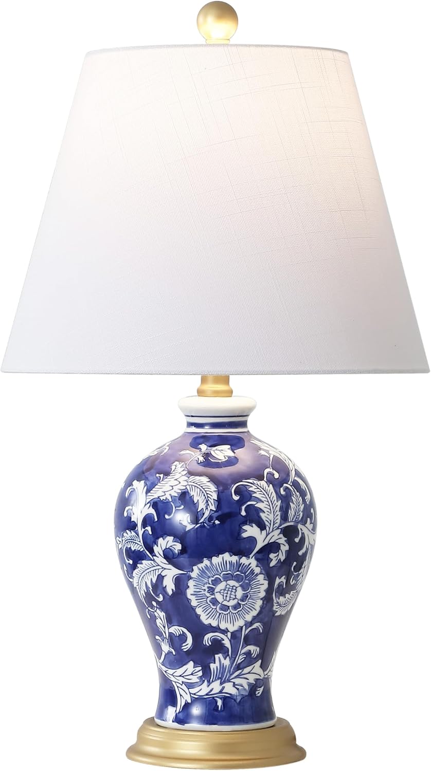 JONATHAN Y JYL3009E Grace 24" French Country Cottage Ceramic/Iron Floral Urn LED Table Lamp, Navy/White for Bedroom, Living Room, Office, College