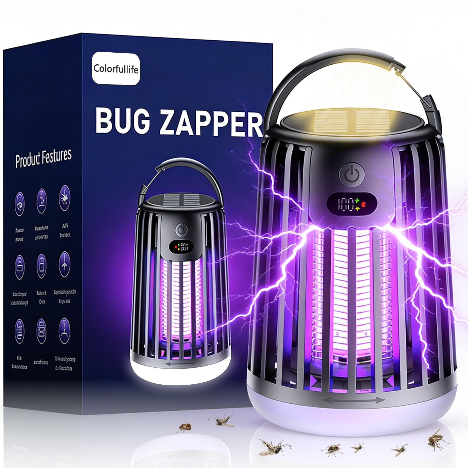 Electric Bug Zapper Indoor Outdoor, 2000V Solar Insect Pest Fly Killer, 360° Hangable, LED Display, USB Charging, Electric Fly Zapper with Cleaning for Bedroom Garden Backyard Patio Camping