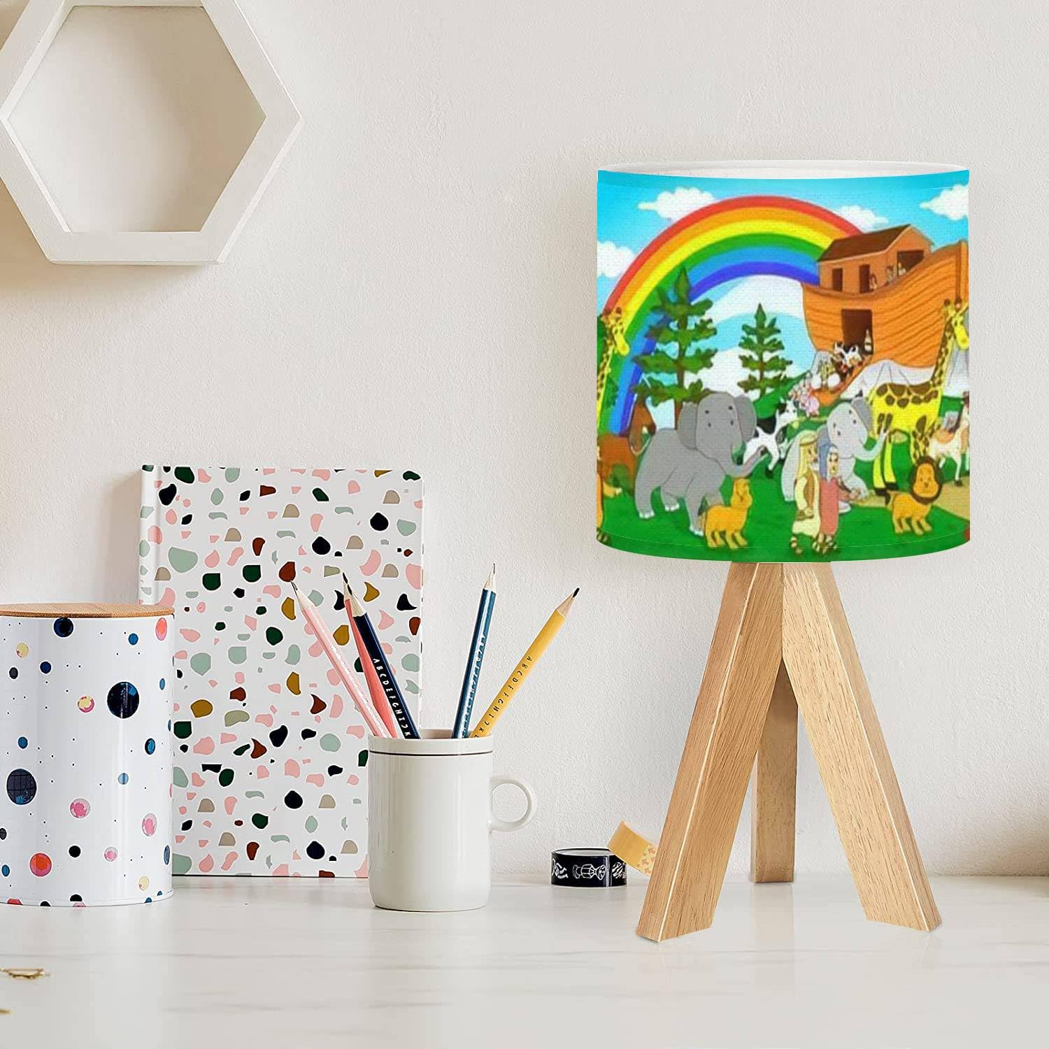Tripod Bedside Desk Table Lamp Stories Noahs Ark Animals Childrens Printing Wood Nightstand Lamp with Linen Fabric Shade for Nursery Bedroom Kids Room