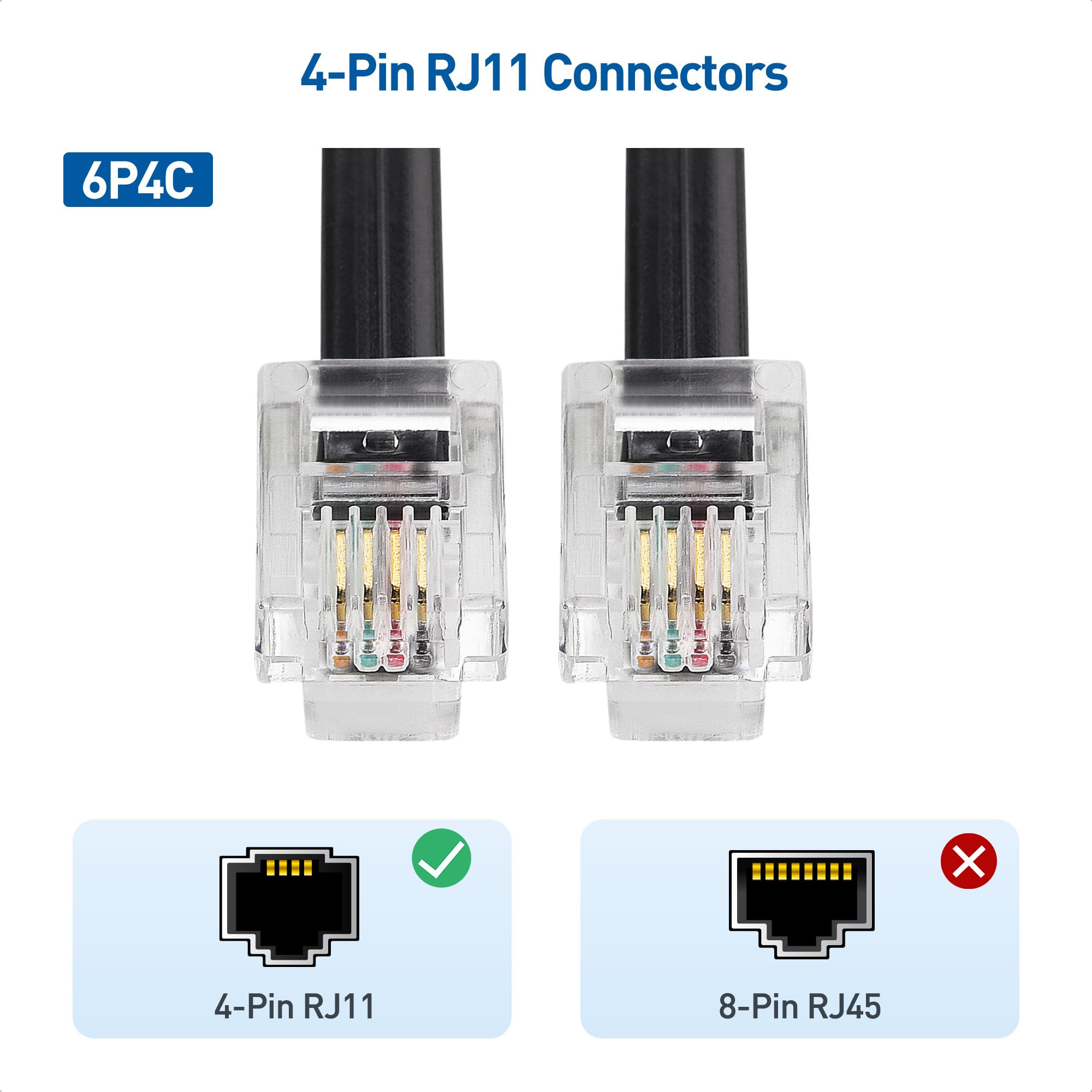 Cable Matters Pack de 2 Câble téléphonique de 1m (cable RJ11 vers RJ11) pour téléphone, Internet DSL, ADSL, modem en Noir - 1m