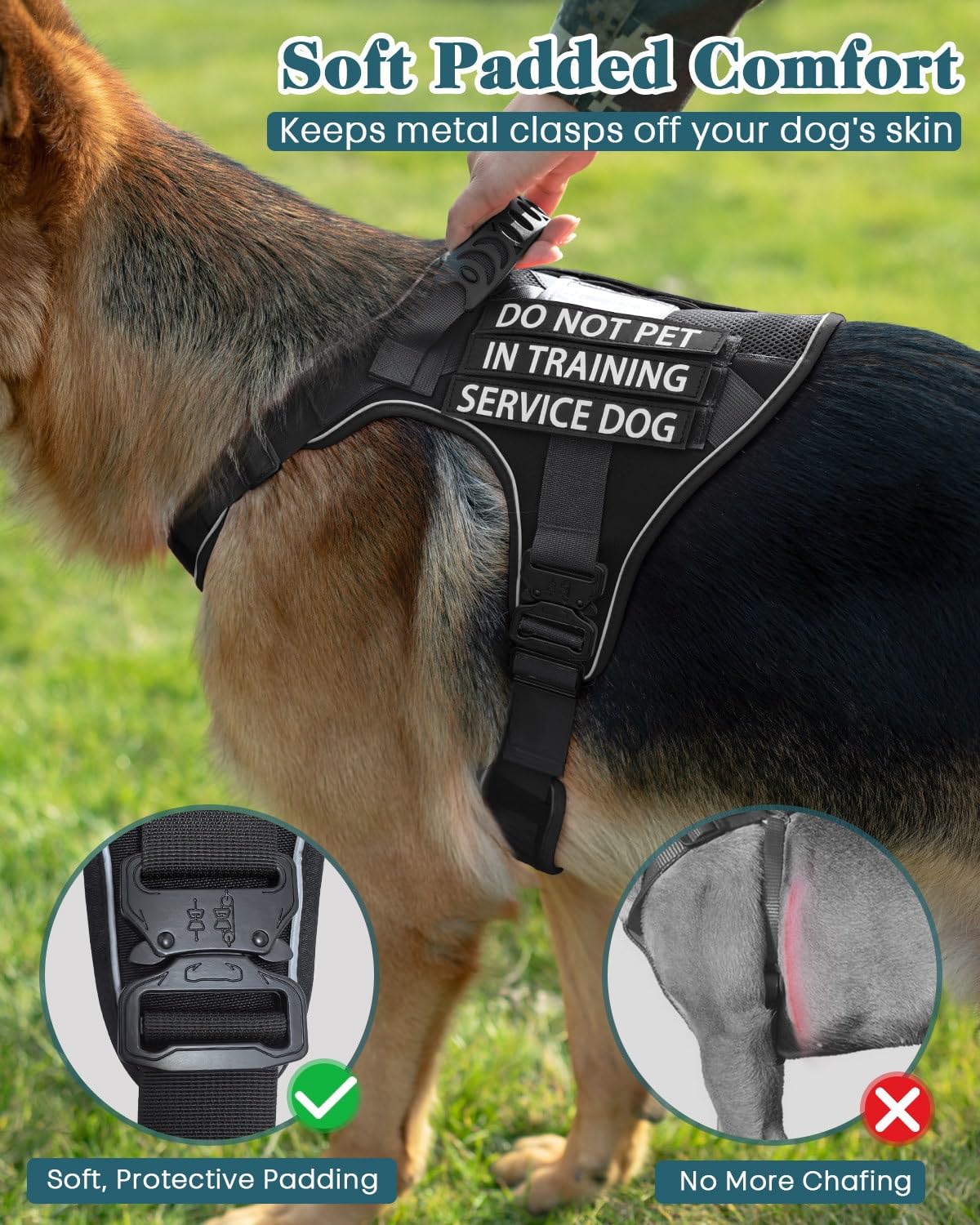 Arnés de perro de servicio para perros pequeños y medianos, hebillas de metal completo, arnés de chaleco negro resistente para caminar, senderismo, entrenamiento