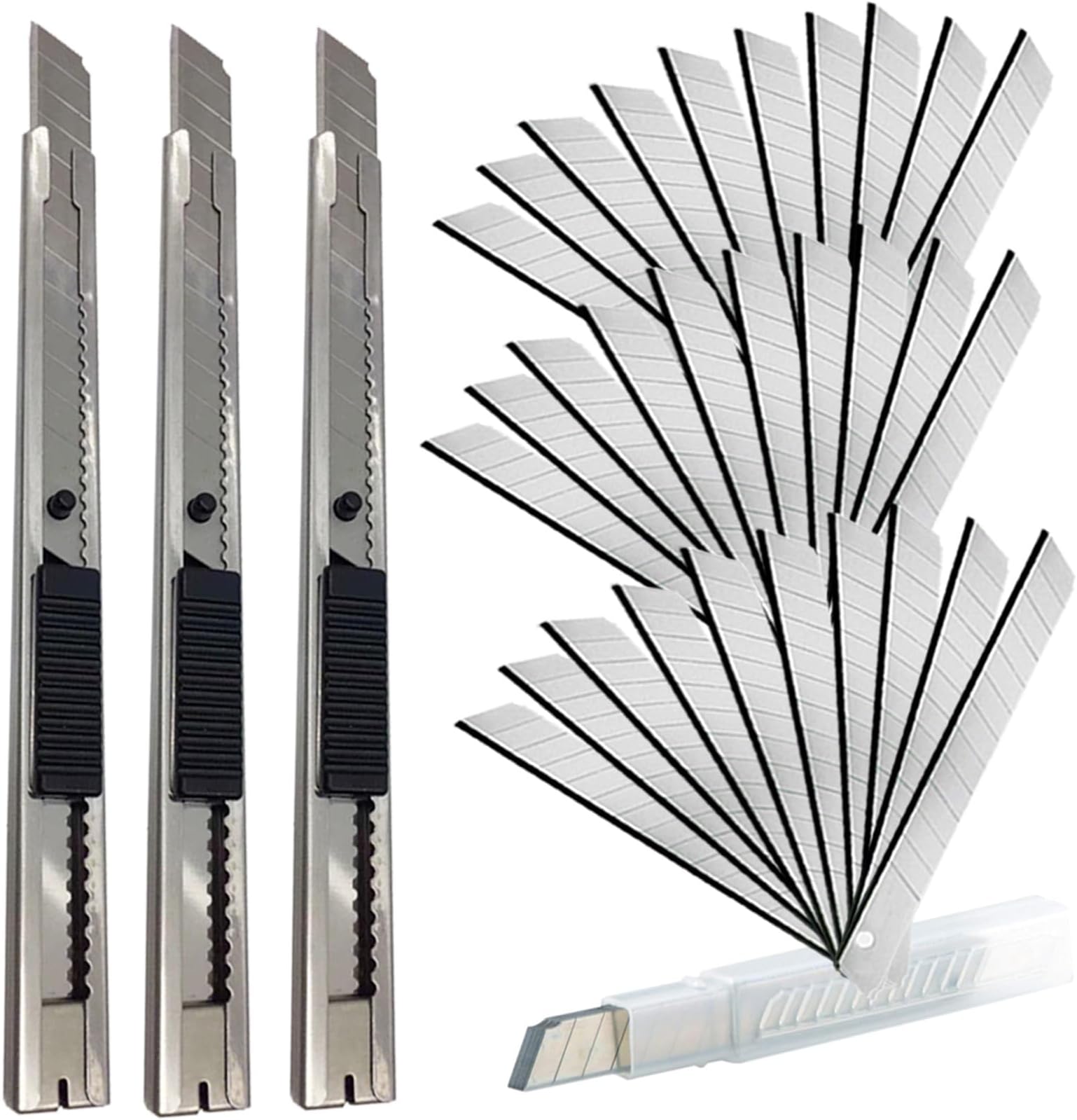 - 30 Snap Off Utility Knife Blades 9mm Auto Lock Retractable Craft Cutters with Extra 3 Pcs Carbon Steel Art Knives for Cutting Box Paper Cardboard Graphics Projects
