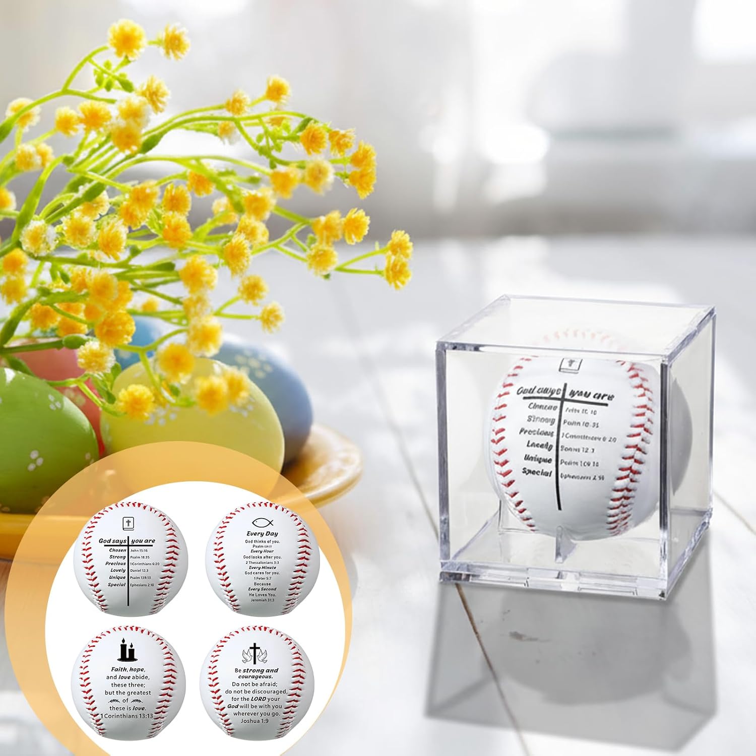 Kinlop 4 Pack Religious Baseball Gift with Display Case, Baptism First Communion Confirmation Gifts with Inspirational Bible Verse Baseball Senior Night Gifts for Teen Godson Goddaughter Team