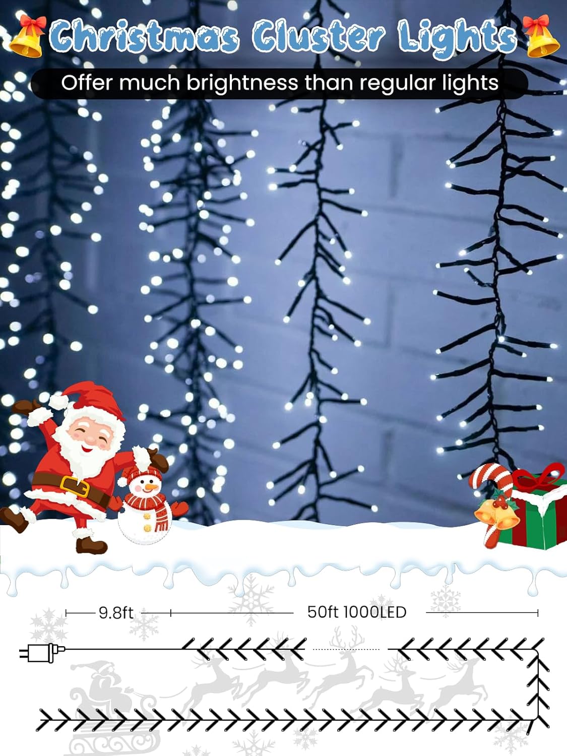 50FT 1000 LED Christmas Cluster Lights, Firecracker String Lights with Remote & 8 Modes & Timer, Waterproof Fairy Twinkle Light Plug in for Indoor Outdoor Party Garden Xmas Tree Decoration, Cool White