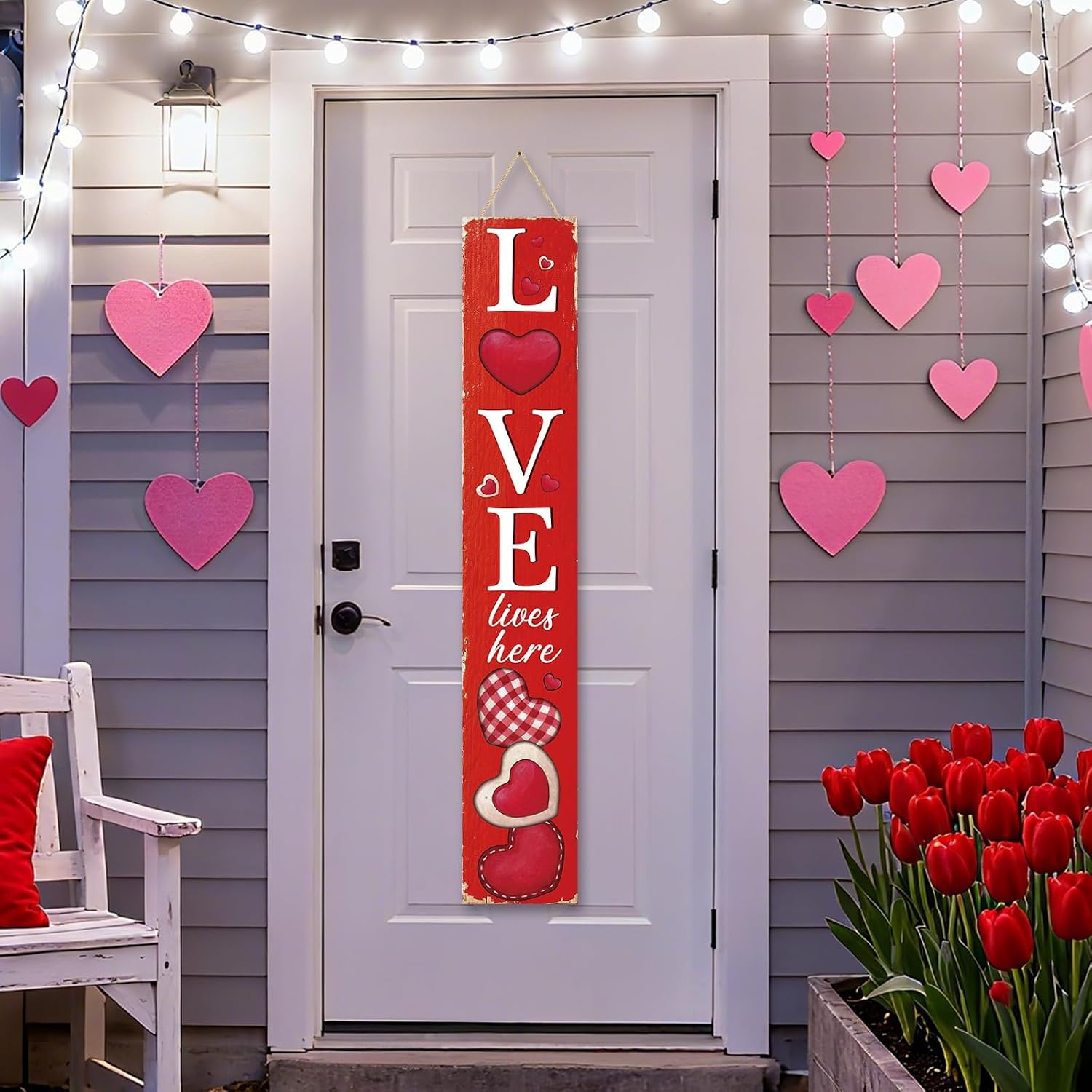 Valentine's Day Porch Sign Decor Love Hanging Standing Wooden Decorative Signs Plaques for Lawn Garden Front Door Farmhouse Outdoor Indoor Love Lives Here Sign Wedding Wall Craft Decor 47.2"H