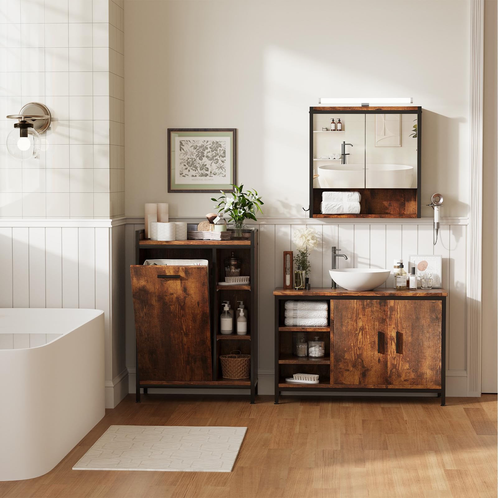ELUCHANG Mobiletto bagno con portabiancheria(50L)-2 in 1 Mobile bagno salvaspazio per Bagnos,Sacchi Interni Rimovibili Lavabile, Soggiorno, lavanderia,camera da letto,63x30x91cm,Vintage+Nero