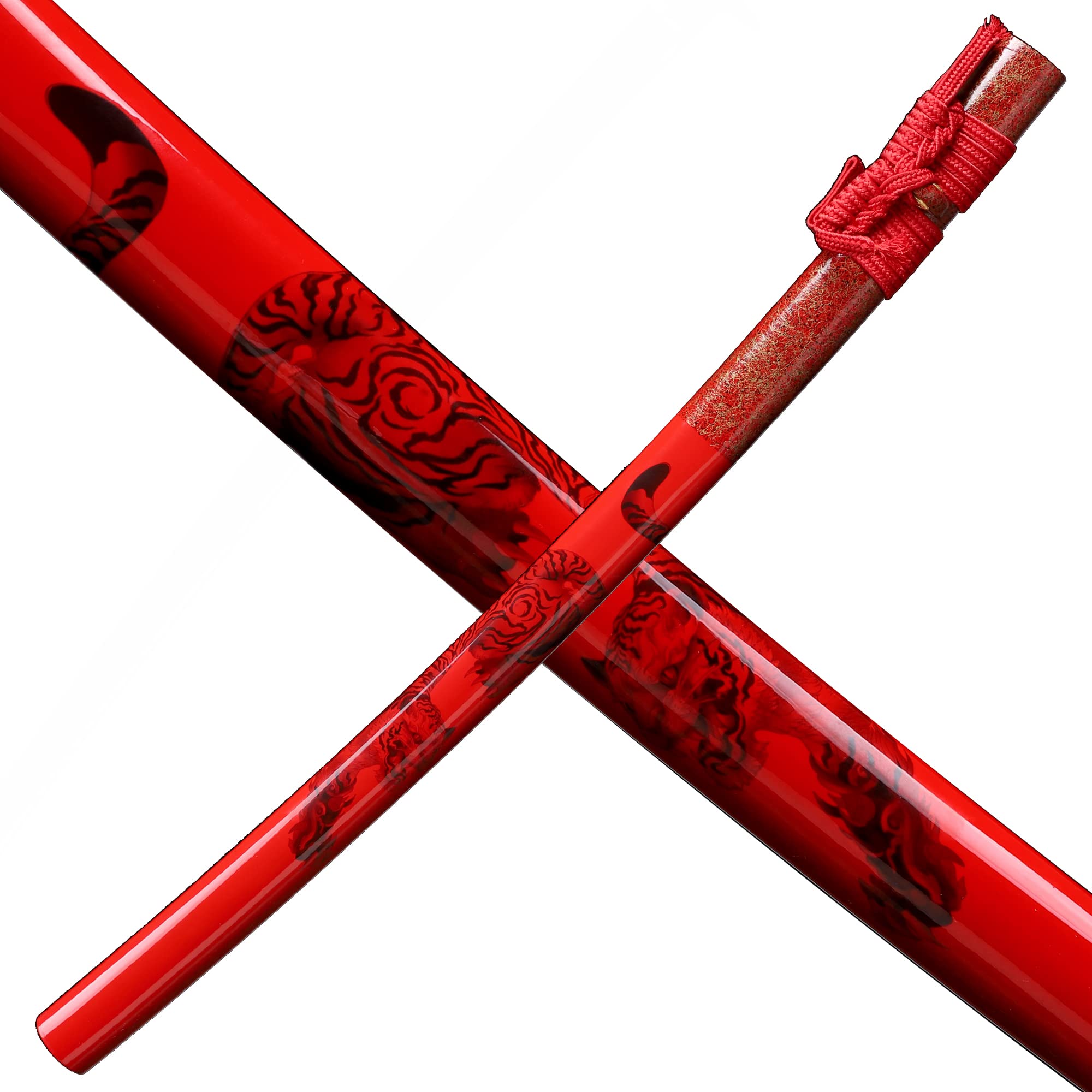 Close-up of the Katana sword scabbard (Saya) with red finish and tiger patterns