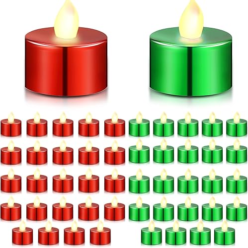 48 velas votivas de Navidad sin llama, luces LED de té verde y rojo, velas que funcionan con pilas, velas para Navidad, Año Nuevo, aniversario,