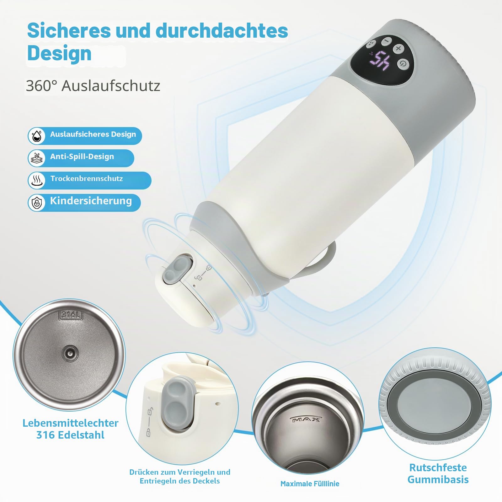Tragbarer Flaschenwärmer Baby 500ml,22 Stufen,12000mAh Akku,316 Edelstahl | 37–55°C Präzise Temperaturkontrolle, USB-C, Pasteurisierung, 18h Warmhalten und auslaufsicheres Doppel-Deckel-Design