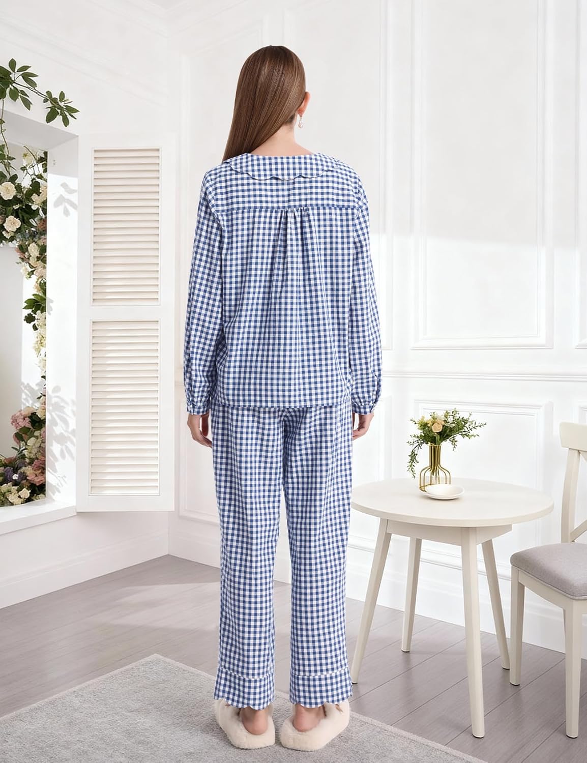 PEHMEA Women's Plaid Pajamas Set 2 Piece Cotton Gingham Sleepwear Puff Sleeve Scalloped Babydoll Shirt Lounge Pj Sets - Image 5
