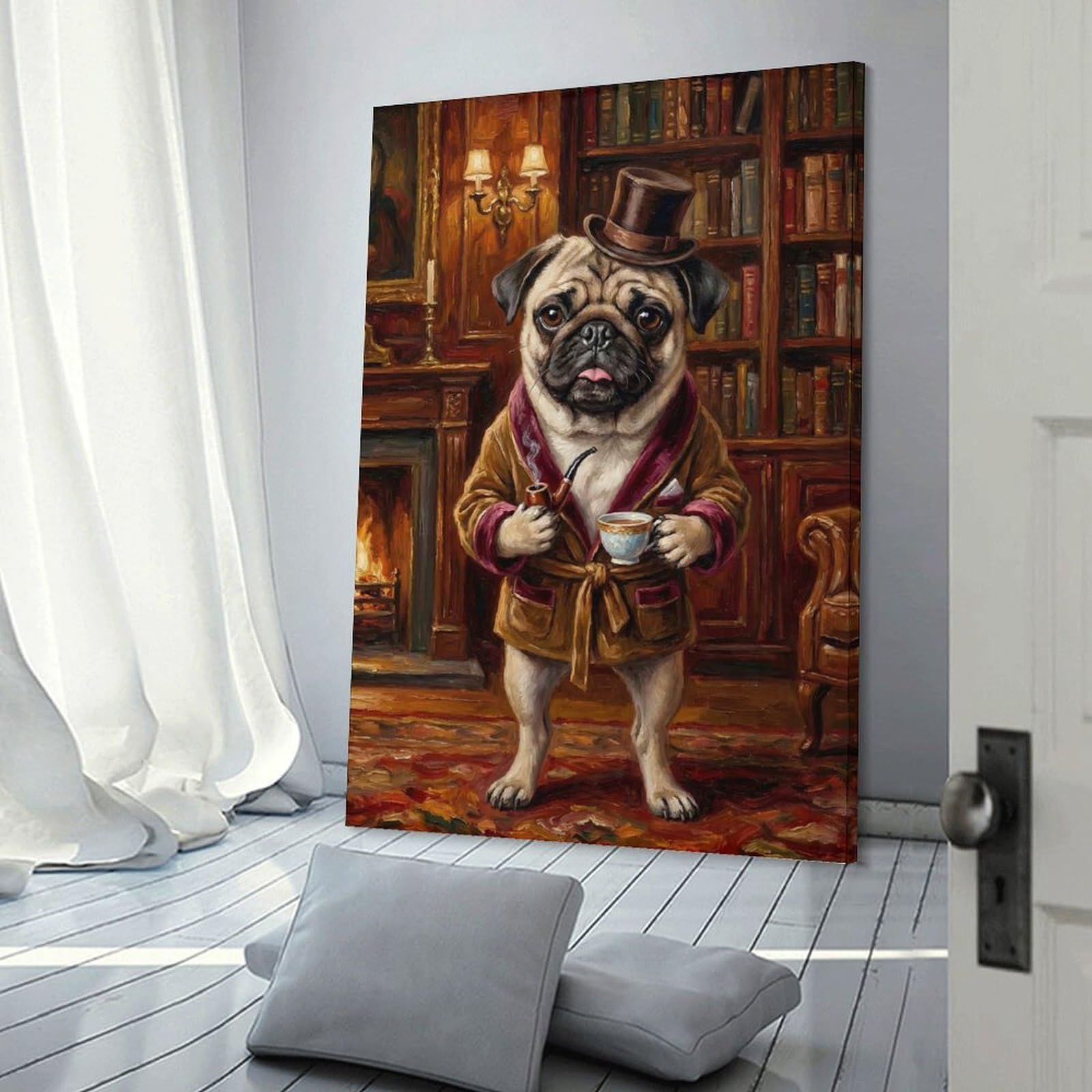 Junmoney Room Decor Wall Art Dapper Pug in A Library, 20x30inch(50x75cm), for Living Room, Lounge Or Sitting Room, Canvas Styling for A Polished Room Look