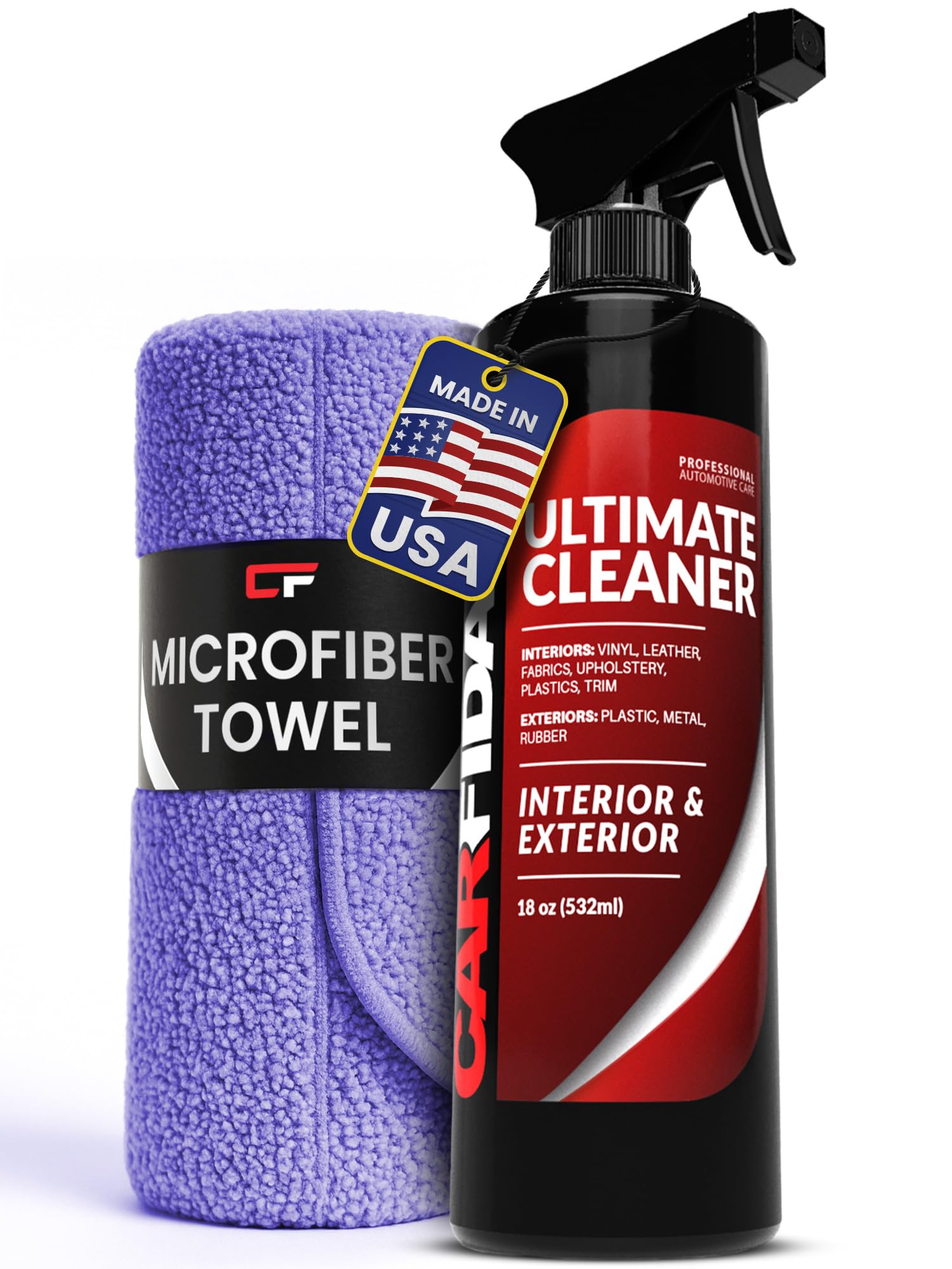 Carfidant Ultimate Car Interior Cleaner - Professional Stain and Odor Remover for Leather, Fabric, Carpet - Tesla Safe, Pet & Kid Friendly - Works on All Interior Surfaces - 18oz + Microfiber Towel