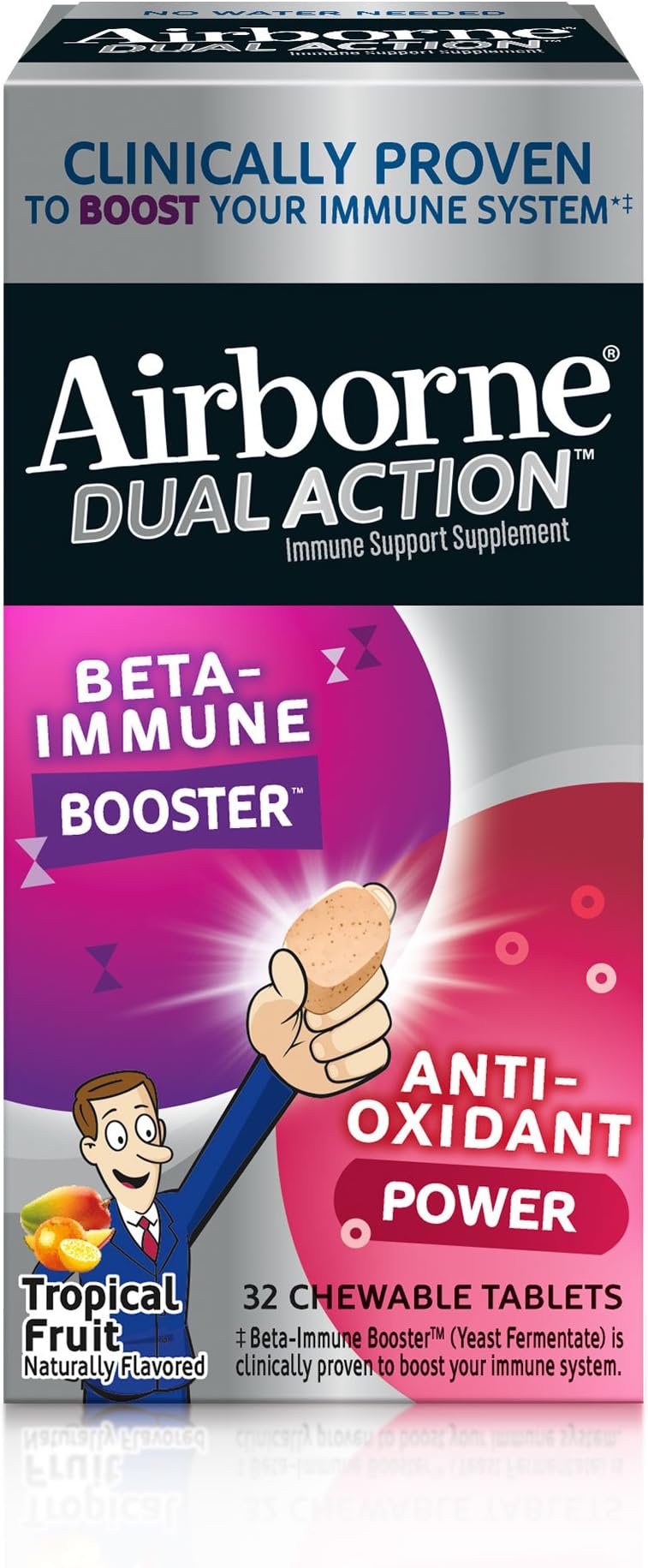 Airborne Dual Action Tropical Fruit Chewable Tablets, 32ct - 1000mg of Vitamin C - Beta Immune Booster and Anti Oxidant