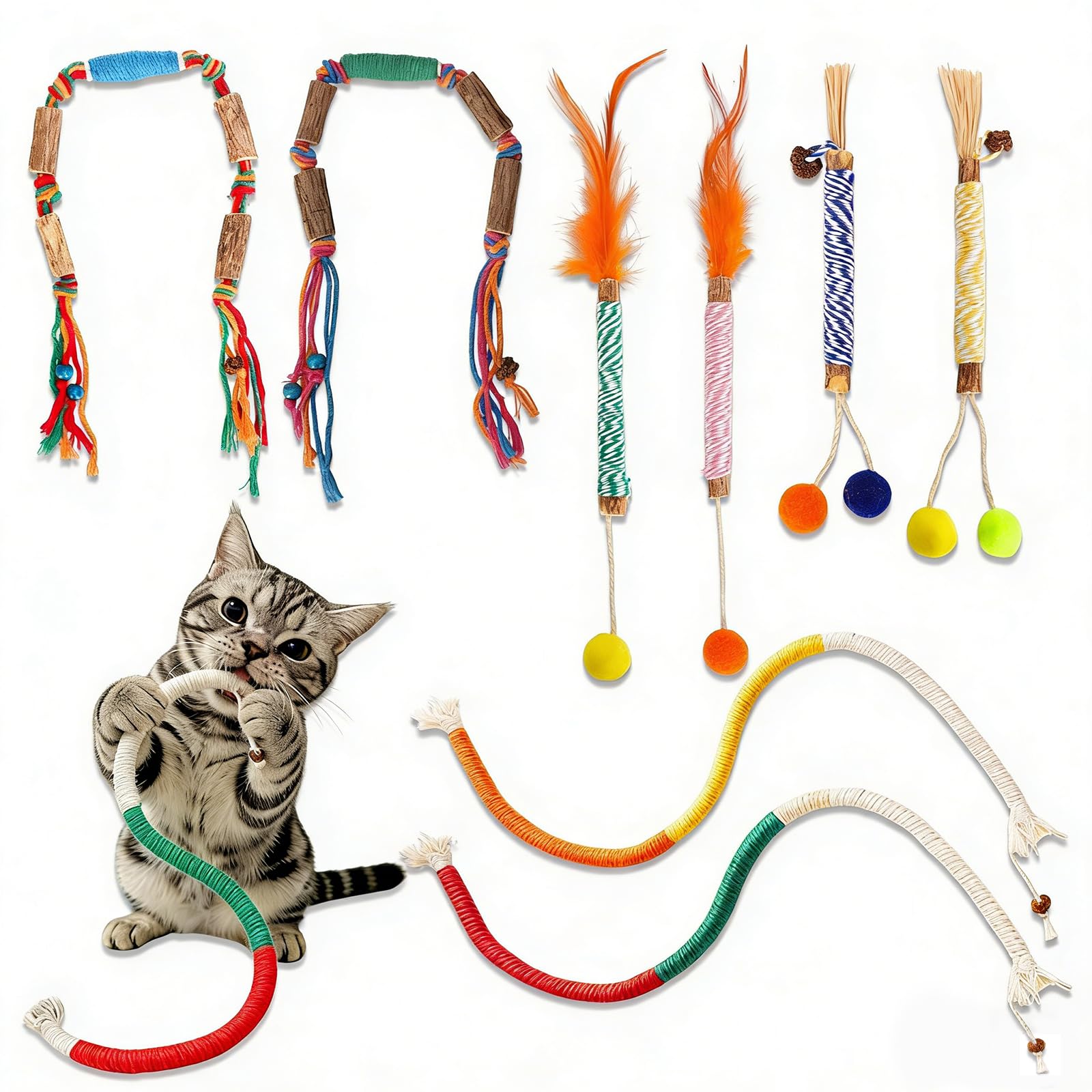 Uyubao Cat Toys, 8Pcs Cat Chew Ropes & Silvervine Sticks for Cats with Natural Catnip & Silvervine, Safe Teeth Cleaning Catnip Toys for Indoor Kittens, Interactive Chew Toys for Indoor Cats