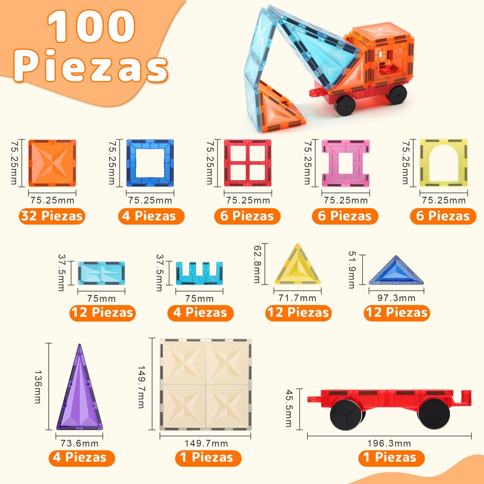Bloques de Construcción Magnéticos, Set de 100 Piezas de Bloques Magnéticos, Juguetes Educativos de Construcción Magnética, Cumpleaños para Niños de 3+ Años