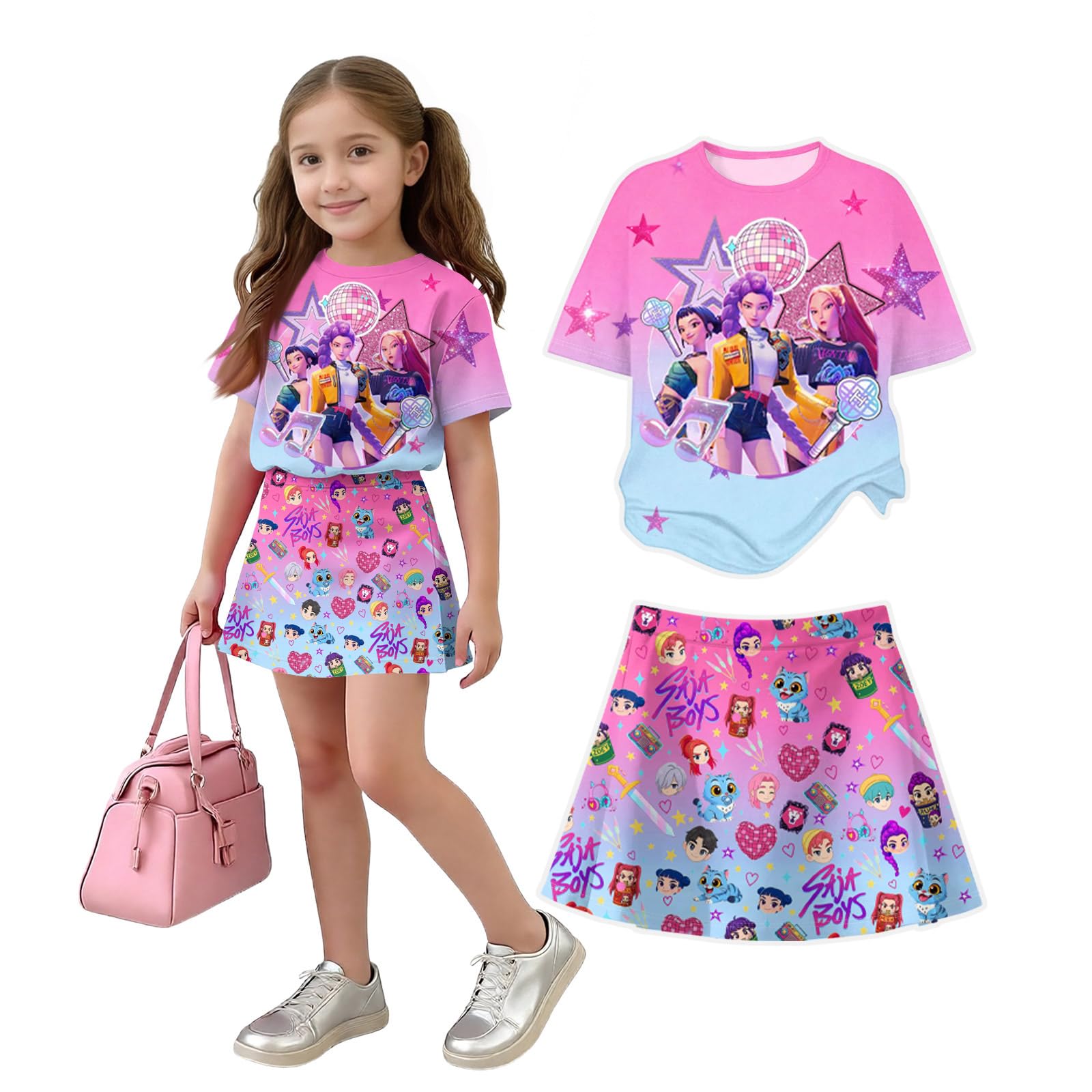 K Pop Short Sleeve T-Shirt and Skirts Outfits Set for Girls Hunters Girl's Anime Graphic Tees De-Mon Summer Sets — view 25