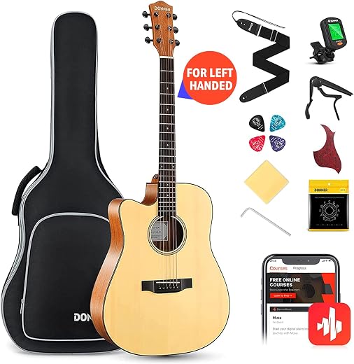 Donner Left Handed Acoustic Guitar Cutaway DAG-1CL 41 inch Full-size Beginner Guitar Package with Big Bag Tuner String Str...
