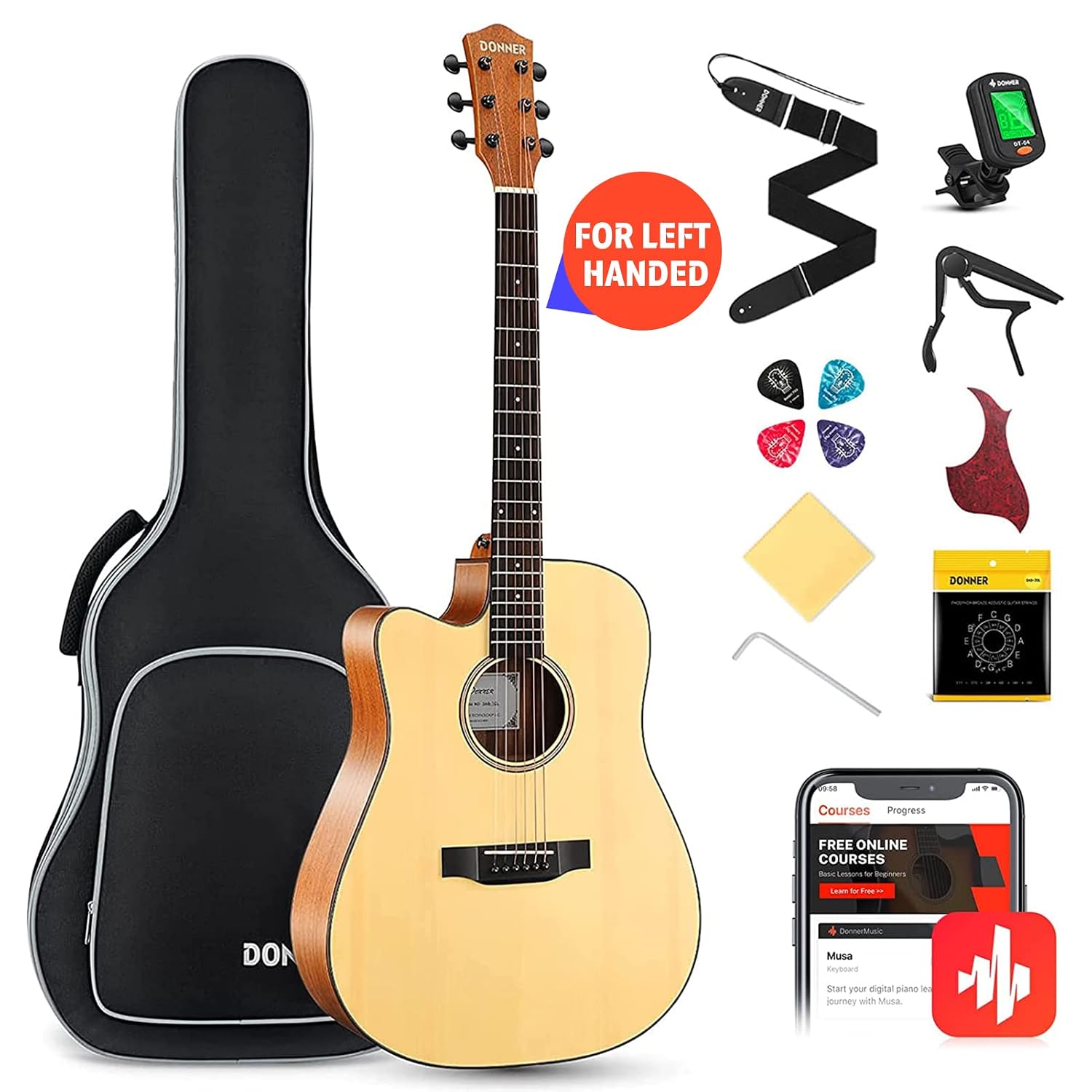 Donner Left Handed Acoustic Guitar Cutaway DAG-1CL 41 inch Full-size Beginner Guitar Package with Big Bag Tuner String Str... - Review, Price and Buying Guide