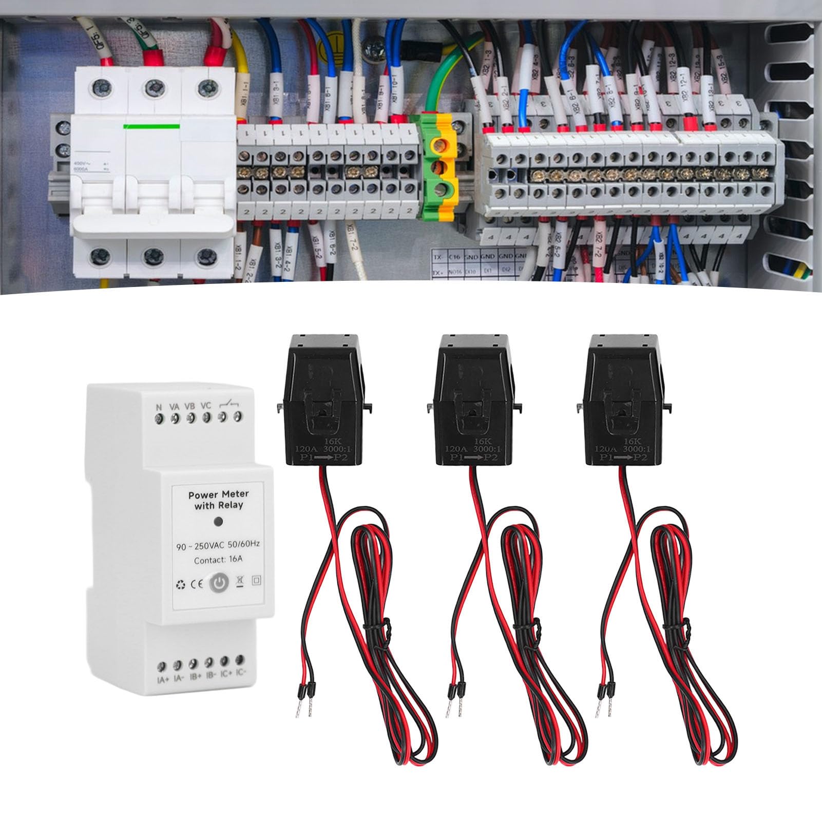 Alomejor Monitor de Energía WiFi, Medidor de Uso de Electricidad Inteligente Trifásico de 4 Cables para Gestión de Energía en el Hogar con 3 Sensores de Abrazadera