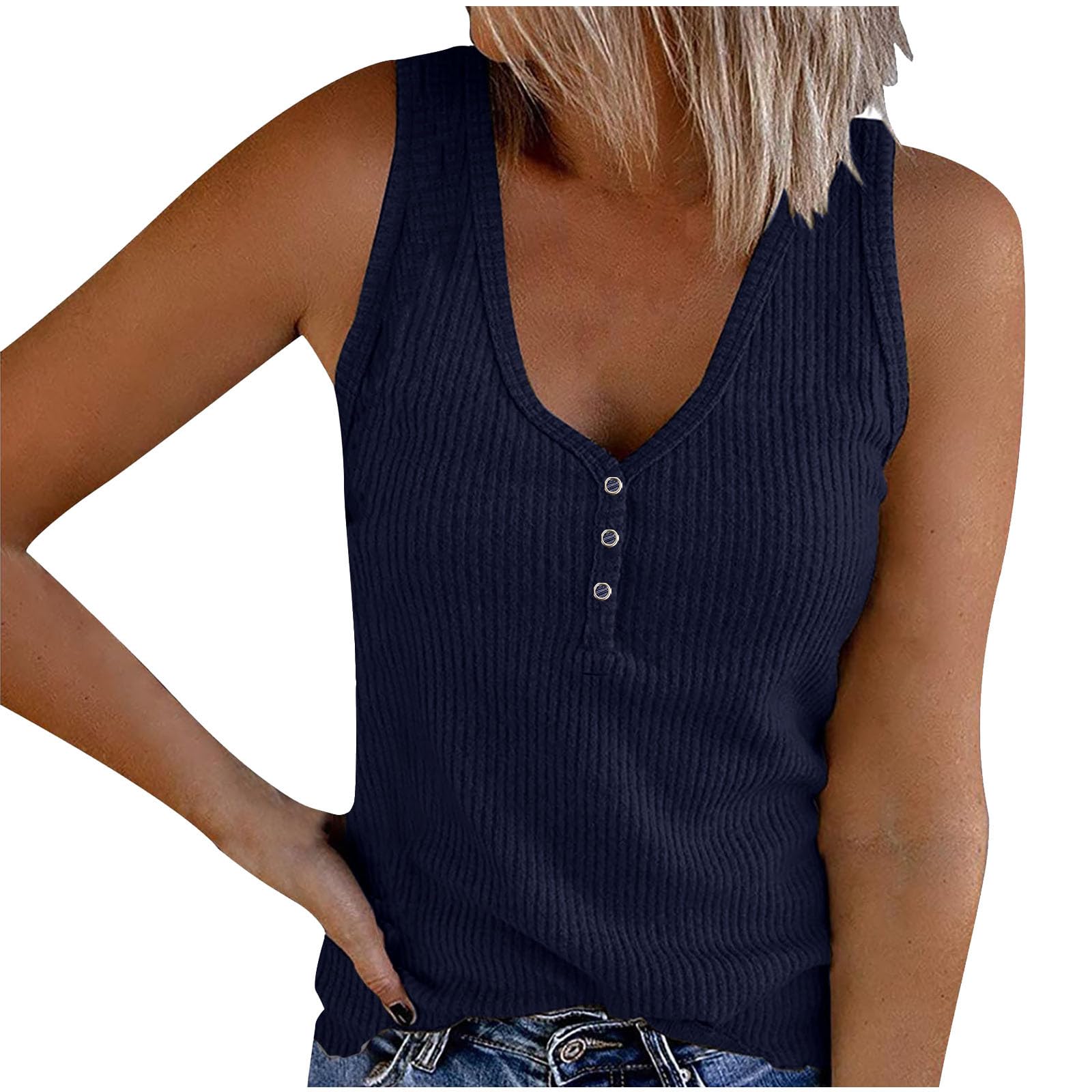 Firzero Ribbed Tank Tops for Women 2024 Knit V Neck Sleeveless Fitted Casual Tops Summer Button Down Slim