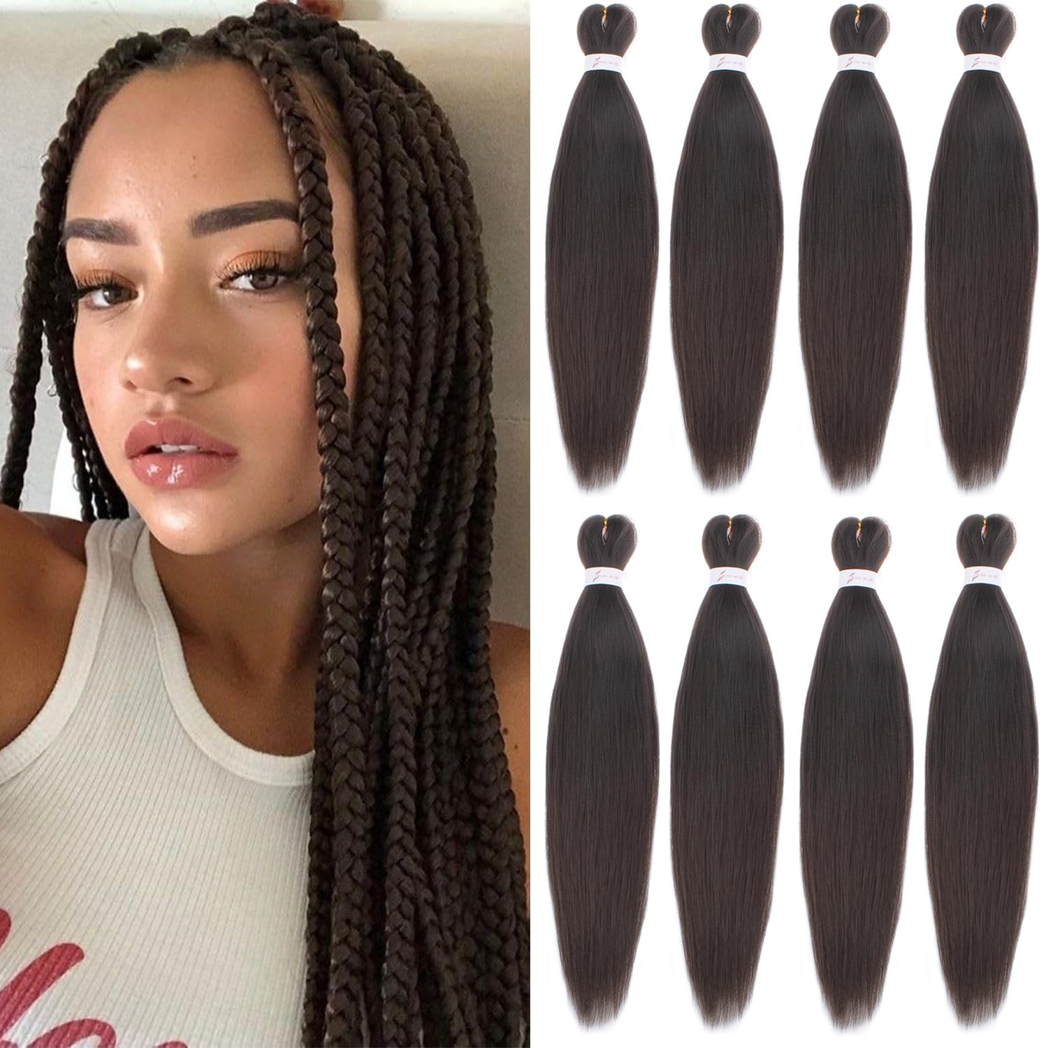 Mscat 16 Inch 8 Packs Pre Stretched Braiding Hair Dark Brown Pre Stretched Braiding Professional Synthetic Prestretched Crochet Braids Hair Extension Hot Water Setting Yaki Texture (4#)