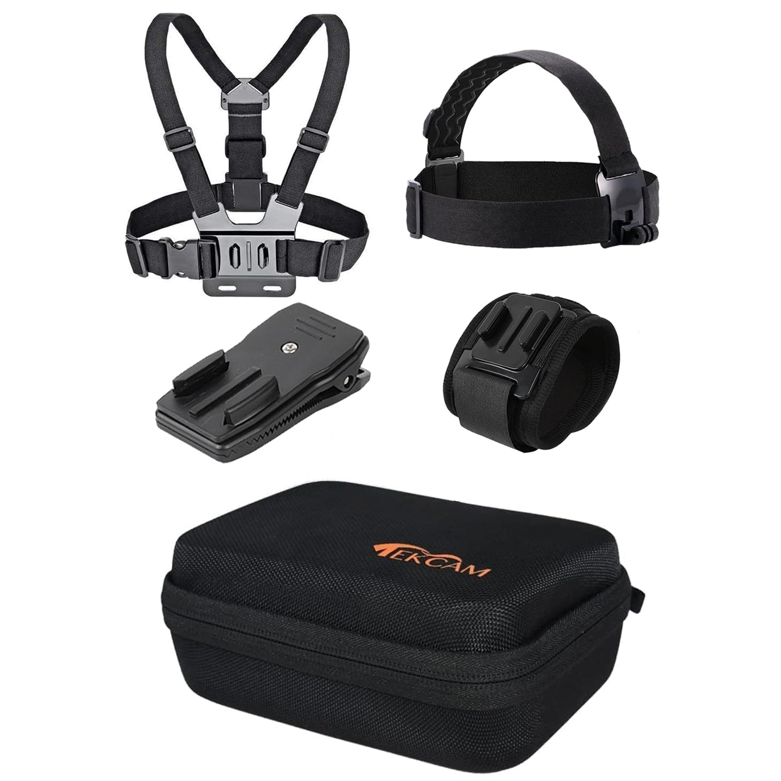 TEKCAM Action Camera Small Carrying Case Head Mount Chest Mount Harness Backpack Clip Wrist Strap Mount Accessories Kit Compatible with Insta360 X3/Gopro Hero 12 11 10 9 8/AKASO EK7000/Apexcam Camera