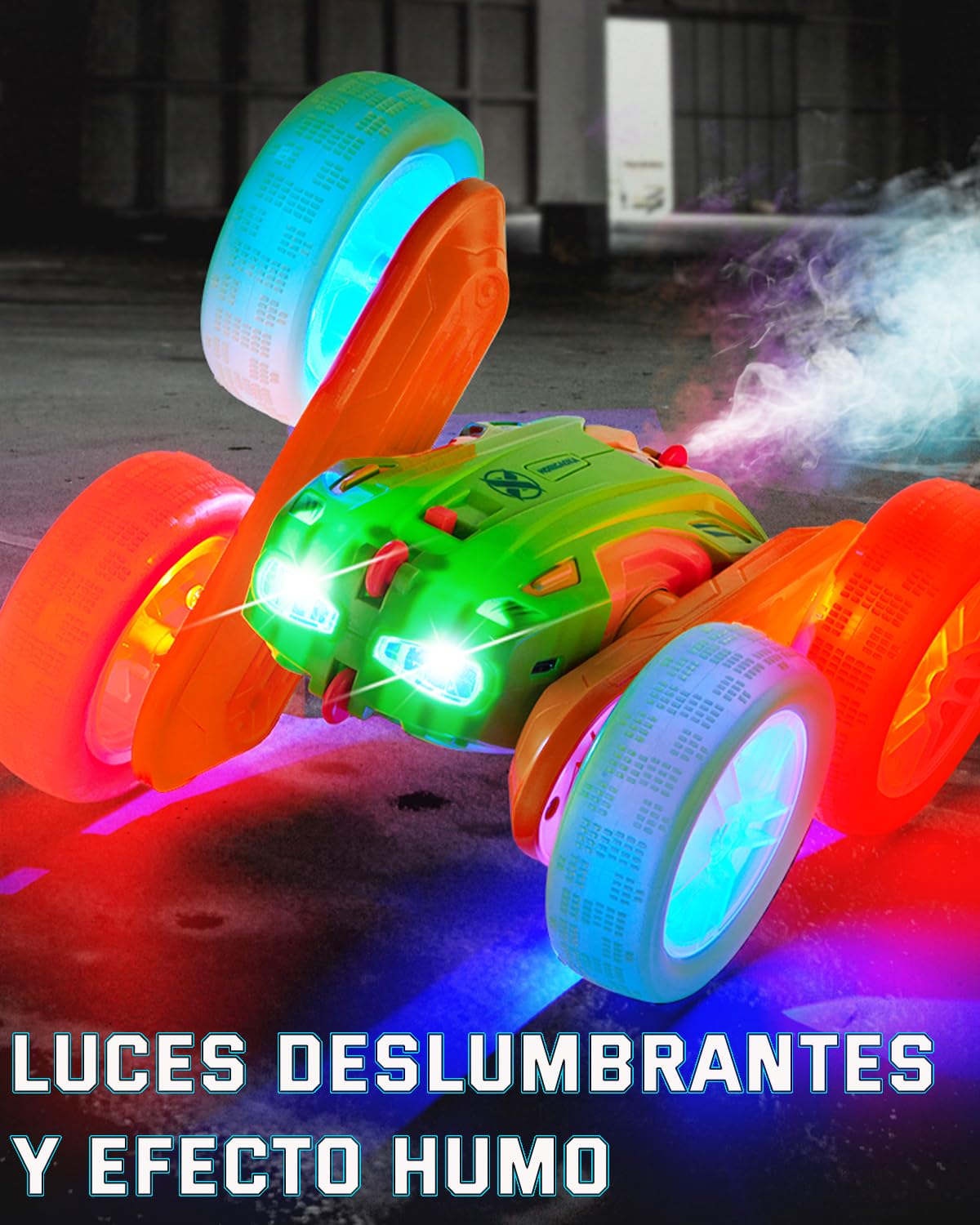Fantocemea Coche Teledirigido, Luces LED Geniales, Coche RC con Efecto de Niebla, 2.4 GHz 360° Giro de Doble Cara, Regalo de Acrobacias para Niños de 6 a 12 Años（Verde — view 2