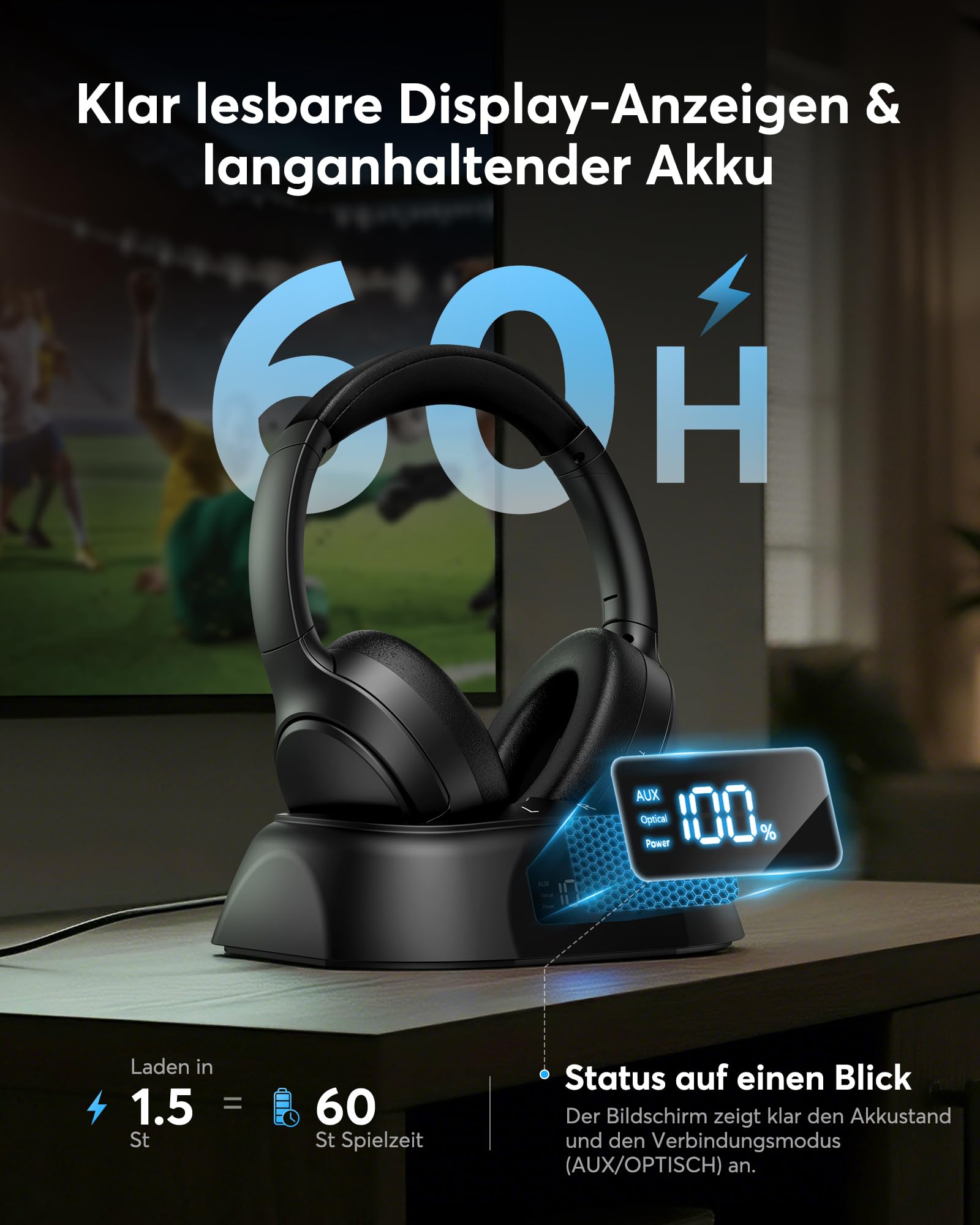 Doohoeek Kabellose TV Kopfhörer Bluetooth 6.0, Over-Ear Funkkopfhörer mit Ladestation&Digital Display, Plug&Play, 60H Akku Laufzeit, Klappbar Headset für Fernseher(Optisch, AUX, RCA Kompatibel)