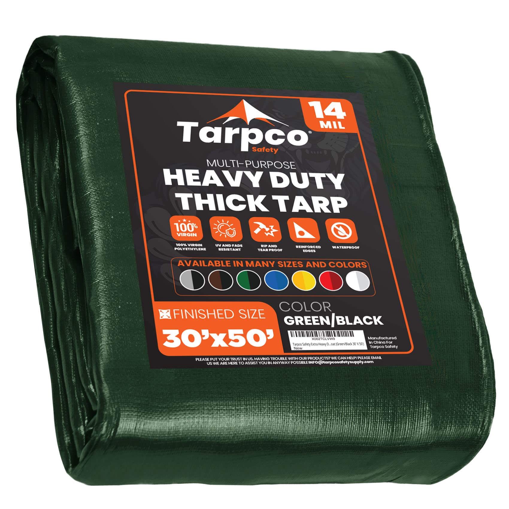 Tarpco Safety Heavy Duty 245 GSM/ 14 Mil Tarp Cover, Waterproof, UV Resistant, Rip and Tear Proof, Poly Tarpaulin with Reinforced Edges for Roof, Boat (Green/Black 30′ X 50′ | 9.15m X 15.25m)