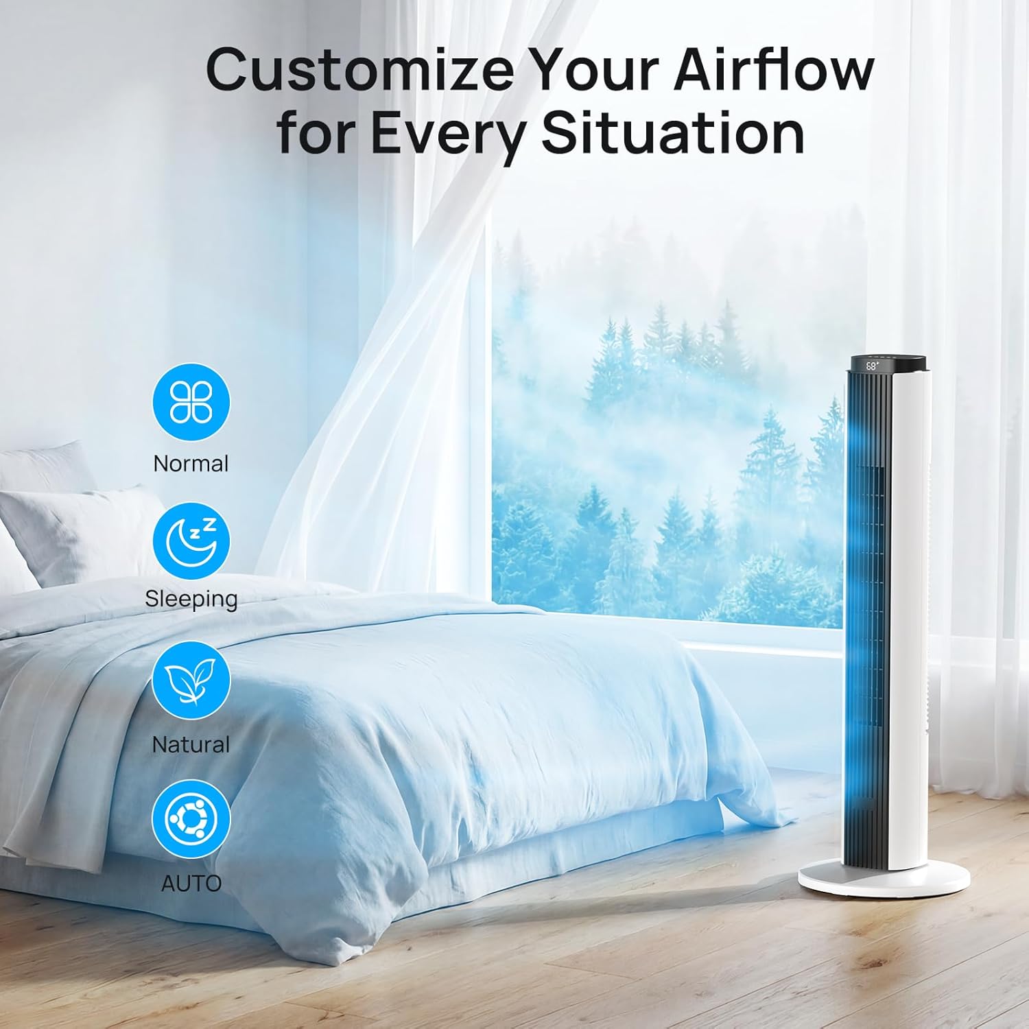 ZAFRO Tower Fan for Bedroom, 39dB Quiet Floor Fan with 6 Speeds, 4 Modes, 25ft/s Velocity, 90° Oscillation & 12H Timer 37" Standing Fan for Home, Living Room & Office, Black+White