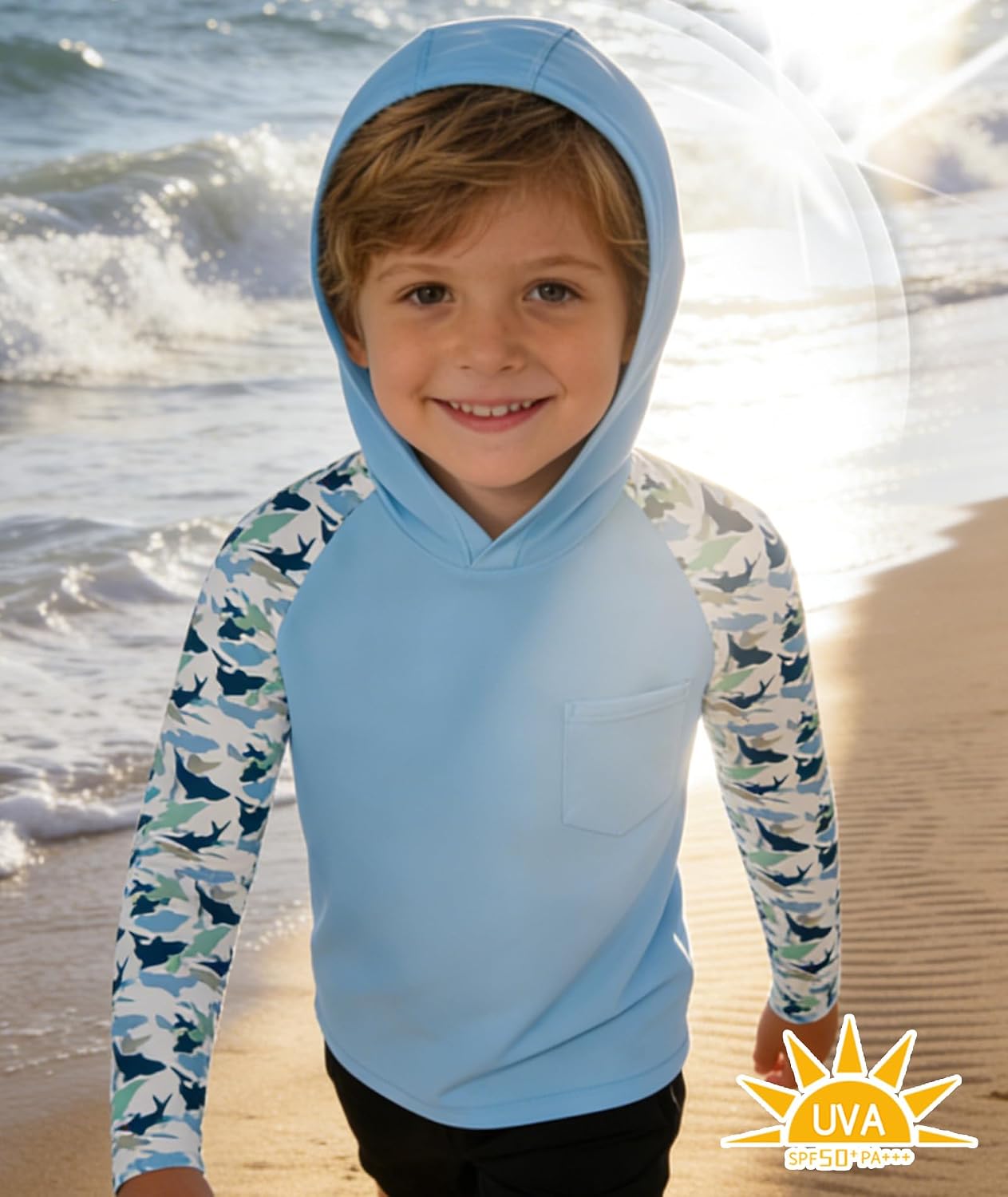 ZITY Boys Rash Guard Hooded Fishing Shirt Kids UPF 50+ Long Sleeve Sun Hoodie Youth UV Protection Beach Swim Shirts