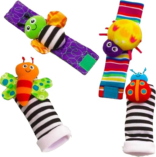 MOM CARE Cotton Rattle Wrist Foot Finder Baby Toys, Teethers,Baby Gift for Newborn Infants Set of 4 pcs Colouful (Wrist and Foot Rattle)
