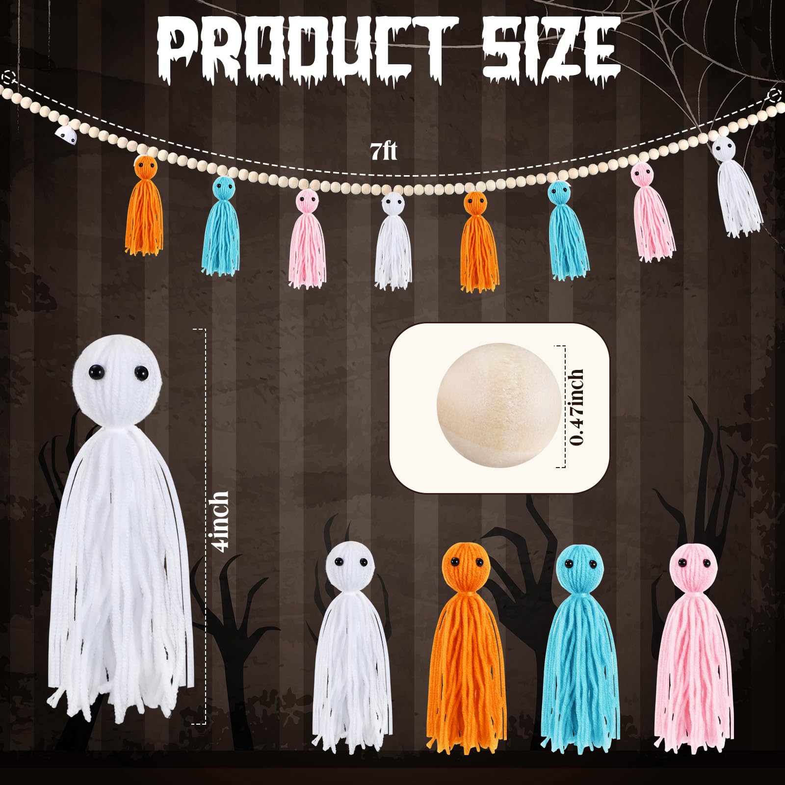 Condition photo showing New/Like New for Tegeme 7ft Halloween Rustic Ghost Garland Decoration with Wooden Beads Rustic Ghost Banner Halloween Hanging Ghosts Garlands for Indoor Outdoor Wall Home Room Mantel Fireplace Decor(Boho Colors)