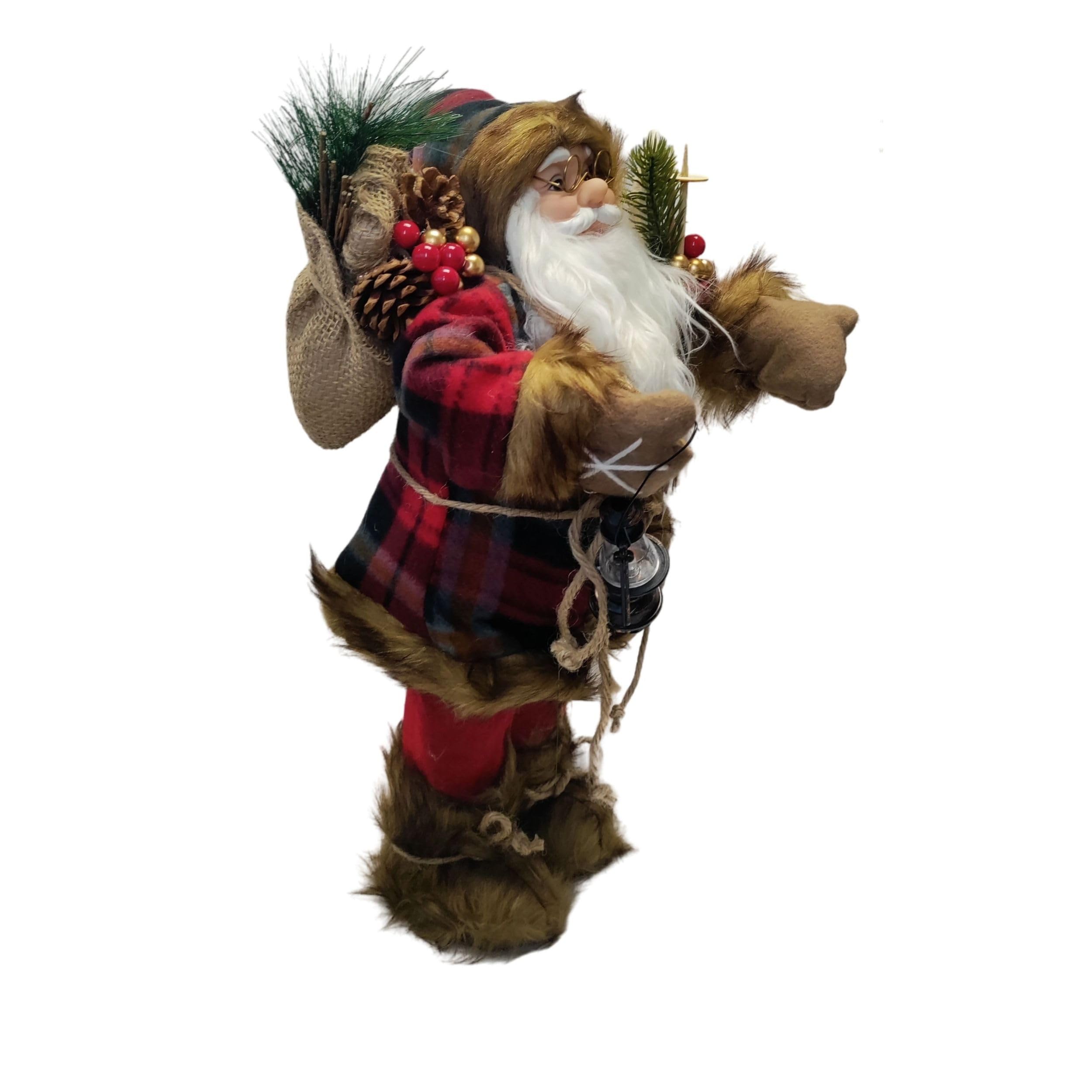Kaemingk Père Noël debout traditionnel Figurine Père Noël 45 cm Figurine de Noël Rouge Tartan Fourrure Manteau tenant lanterne et skis Décoration intérieure Père Noël debout