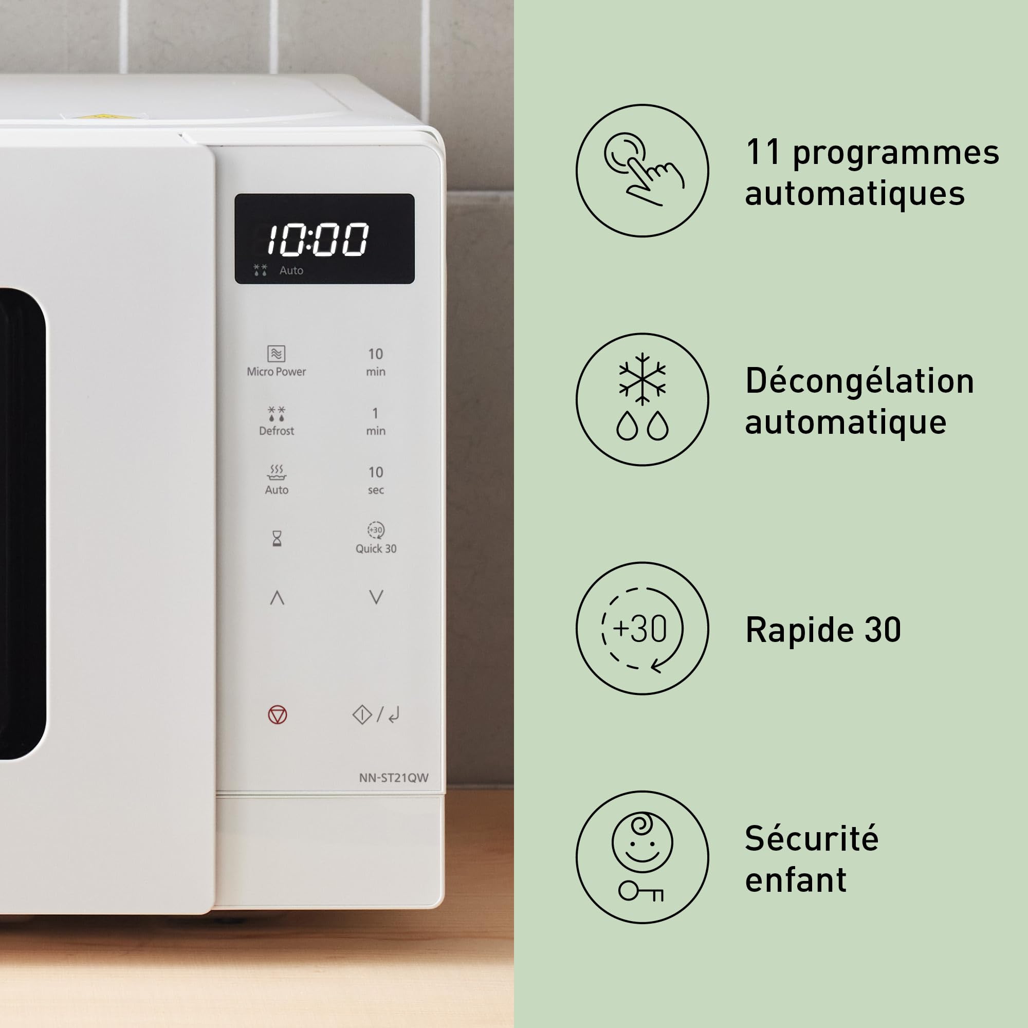 Panasonic NN-ST21QWEPG Four Micro-Ondes Solo 20L avec Plateau en Verre, 800W, Décongélation Automatique, 11 Programmes Automatiques, Affichage LED, 5 Niveaux de Puissance, Minuterie Numérique, Blanc