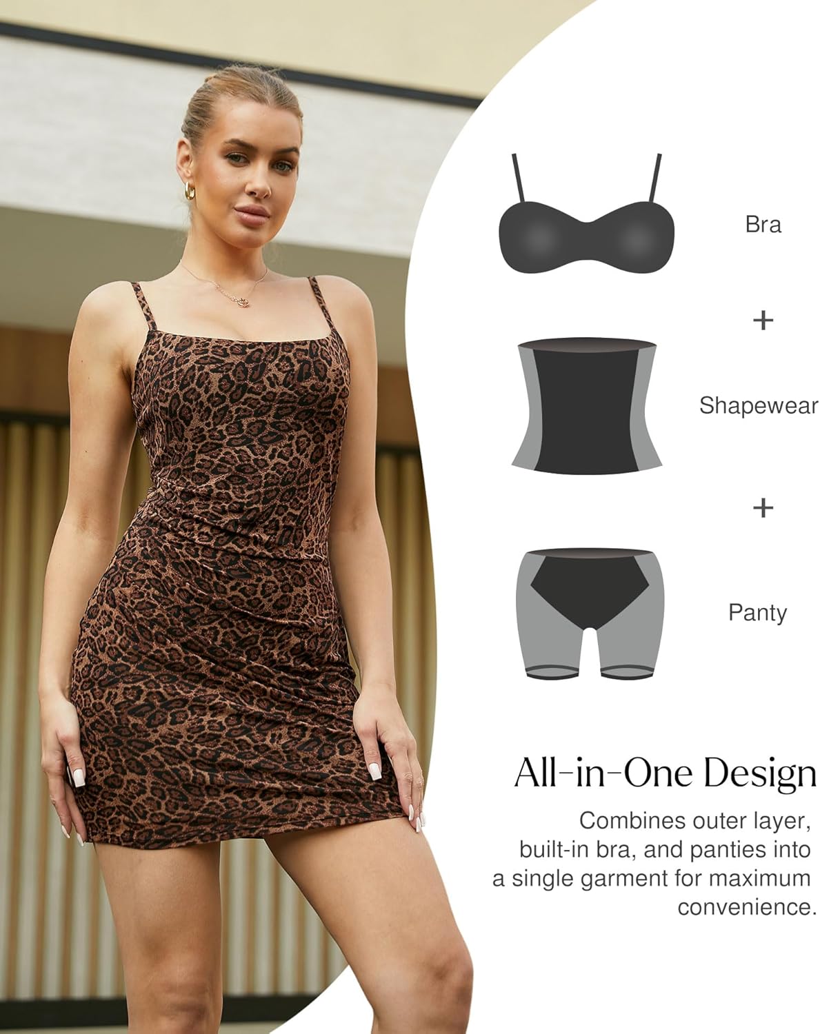 Popilush Leopard Print Dress with Built in Shapewear Spaghetti Strap Mini Dresses Mesh Ruched Bodycon Summer Splash - Image 3